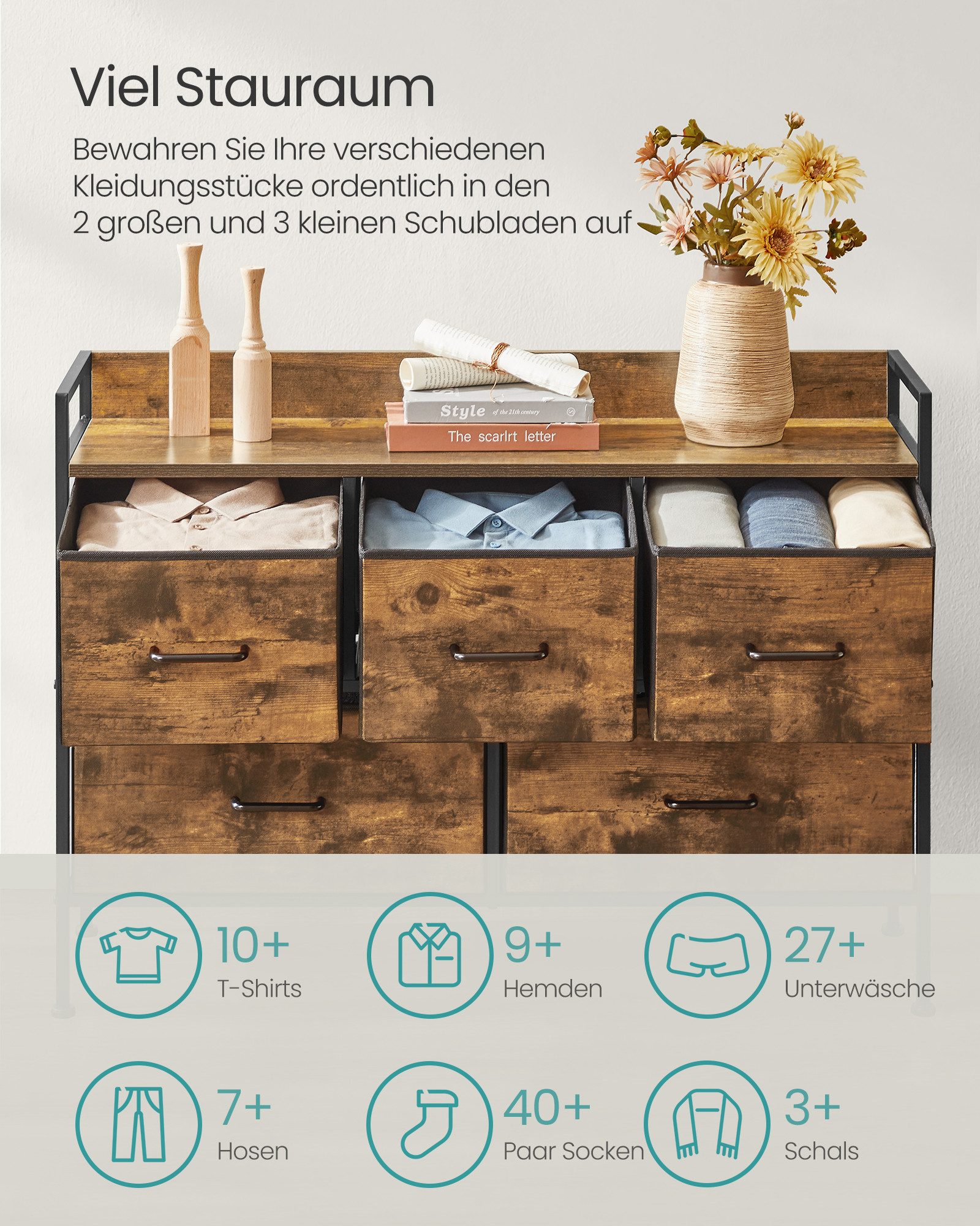 SONGMICS Kommode Schrank Schlafzimmer, Stahlrahmen, Sideboard, Aufbewahrungsschrank 5 Stoffschubladen mit Griffen