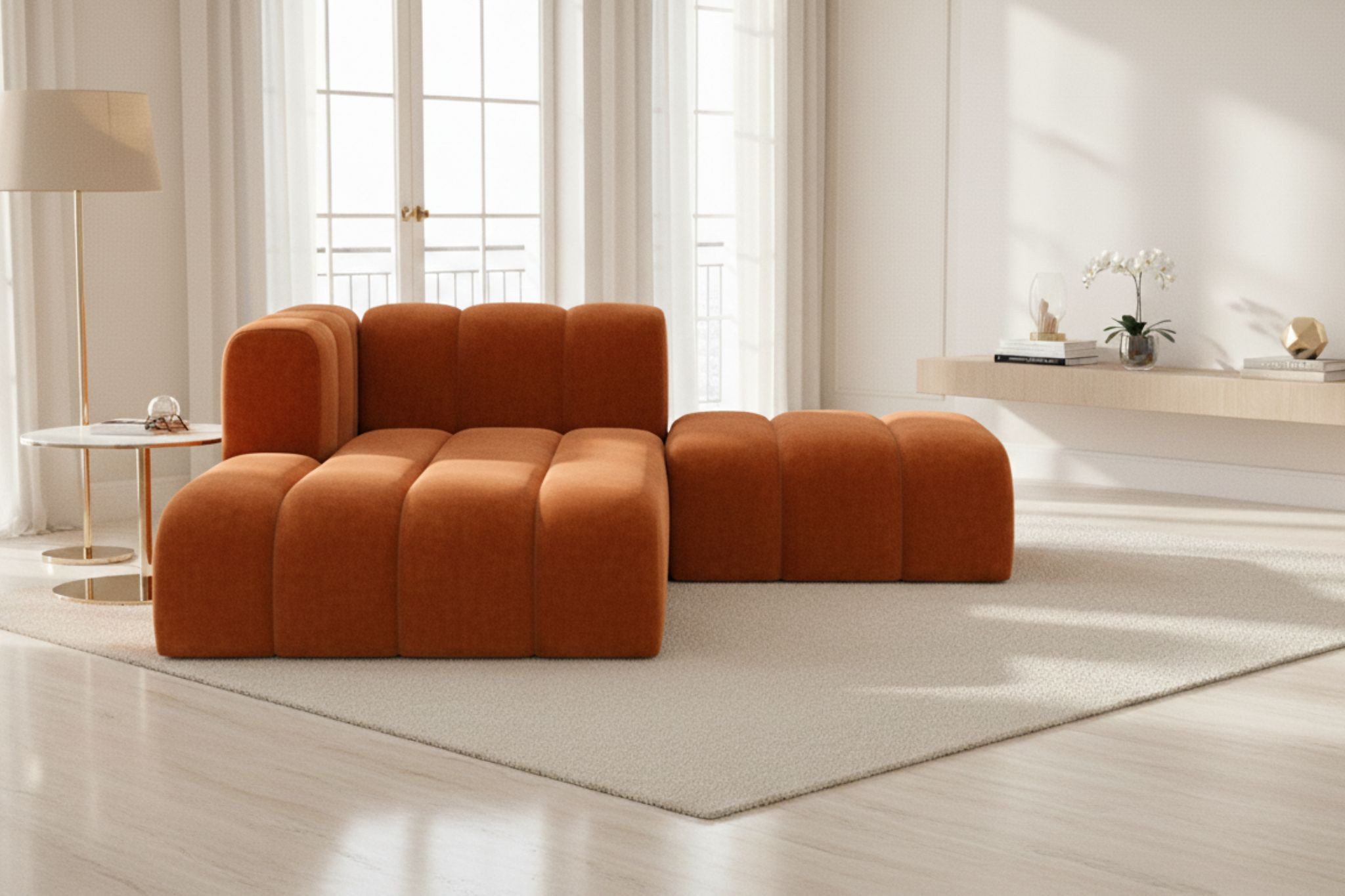 Kaiser Möbel Chaiselongue Grand mit Hocker aus Veloursstoff Salvador, Set (Chaiselongue + Hocker), abgerundete Form,modulares Möbelstück,pflegeleichter Veloursstoff