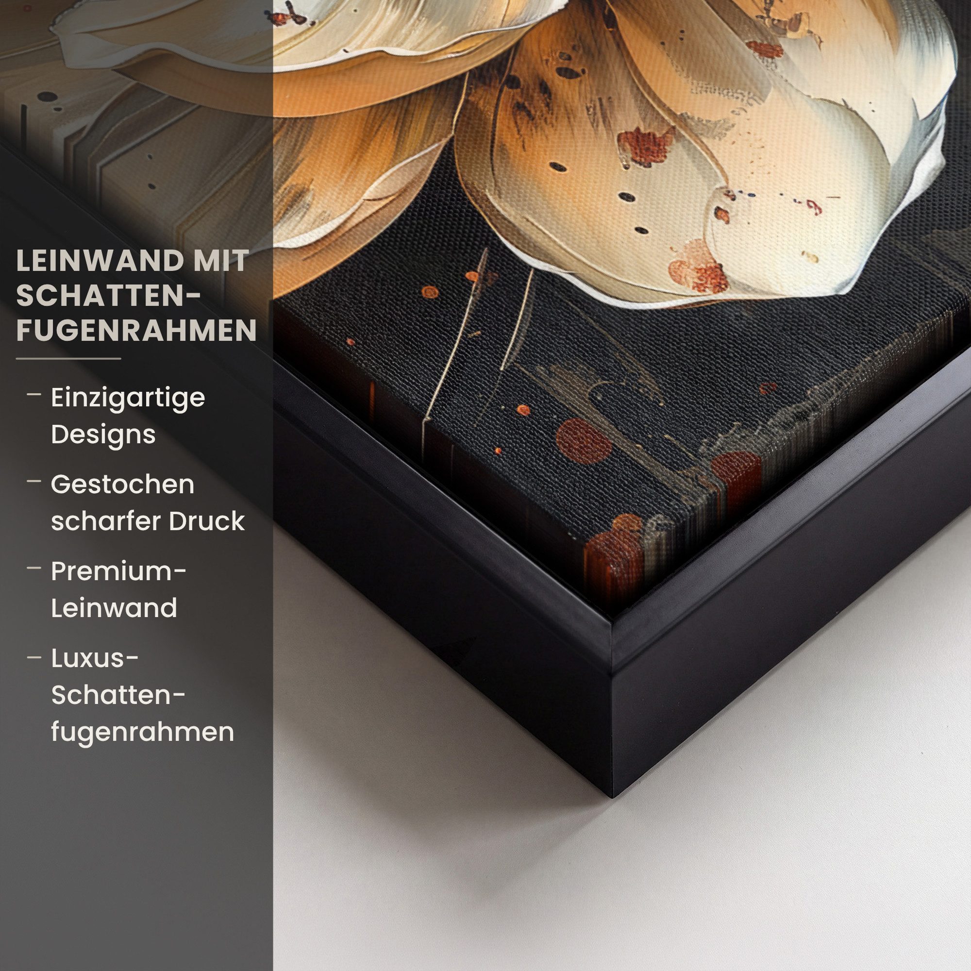 OneMillionCanvasses® Leinwandbild mit Rahmen - Blumen - Gold - Kunst - Schwarz - Modern, Fotodruck (1 St), Deko für Wohnzimmer Schlafzimmer Küche 20x30cm