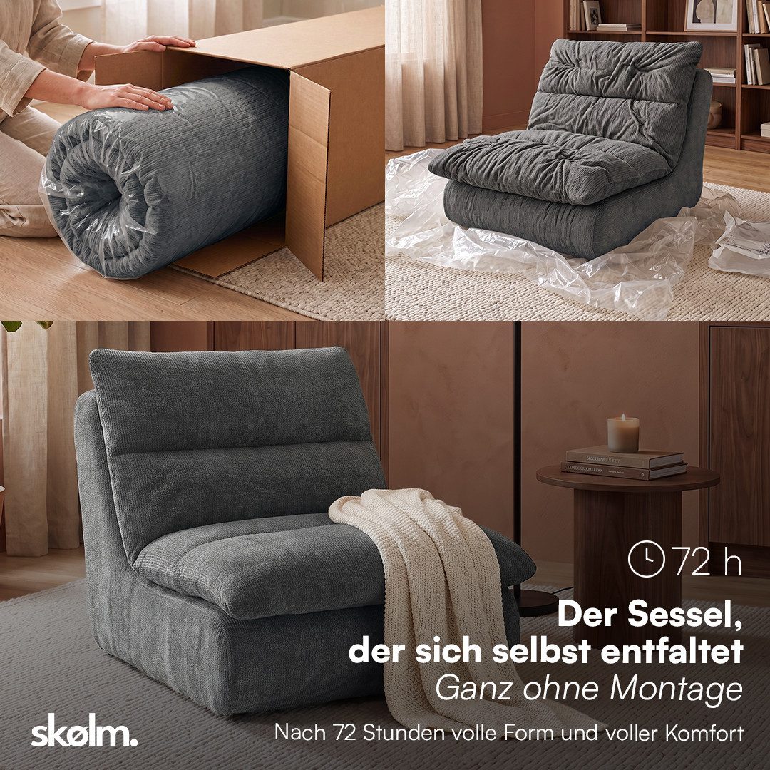 skølm Relaxsessel Sváfa aus Cord/Chenille, dick gepolsterter Vollschaumessel 11,5 cm (Chenille, Dunkelgrau), vakuumiert – ohne Aufbau – Bild 4 von 5