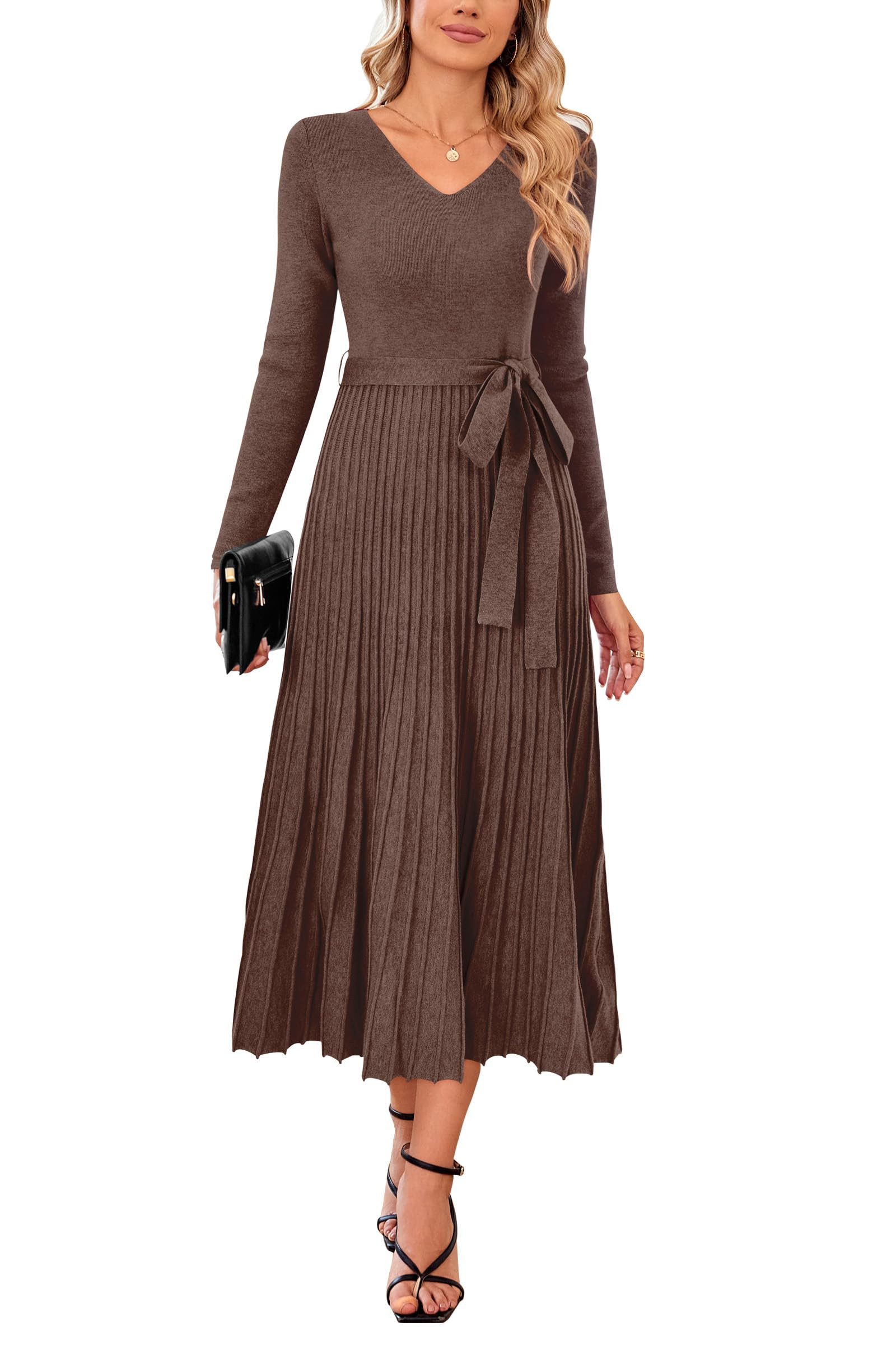 Arach&Cloz Strickkleid Arach&Cloz Damen Pulloverkleid Herbst Winterkleid Lang Plissee V-Ausschnitt Langarm Elegant Midi Платья Winter