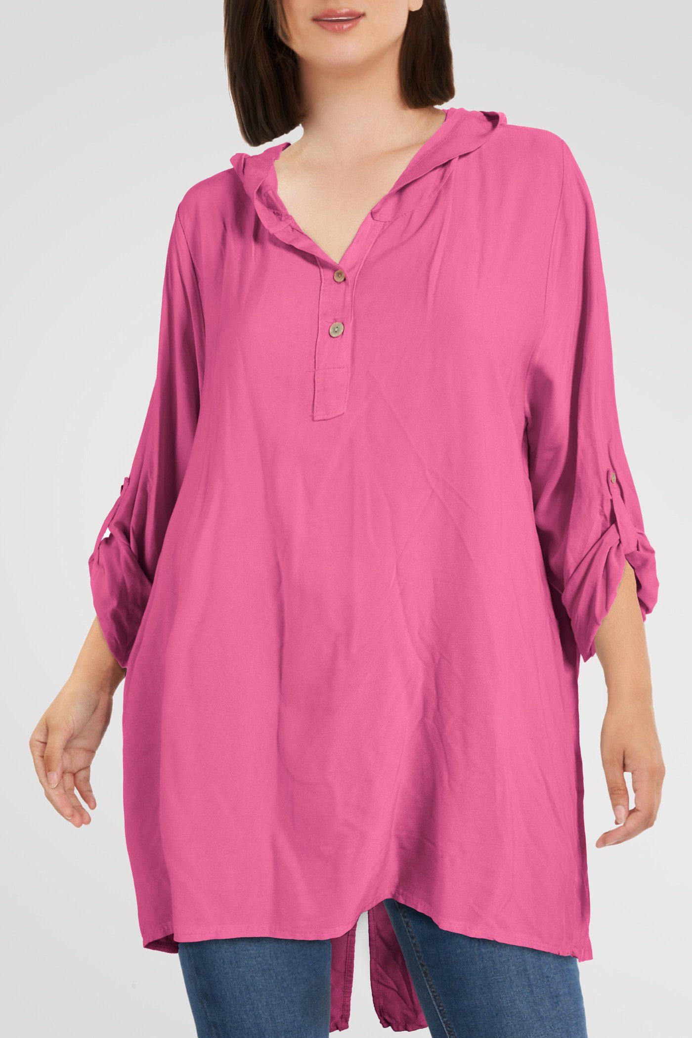 Vokuhila Damenbluse PEKIVESSA pink mit Longbluse Langarm Kapuze Oversized