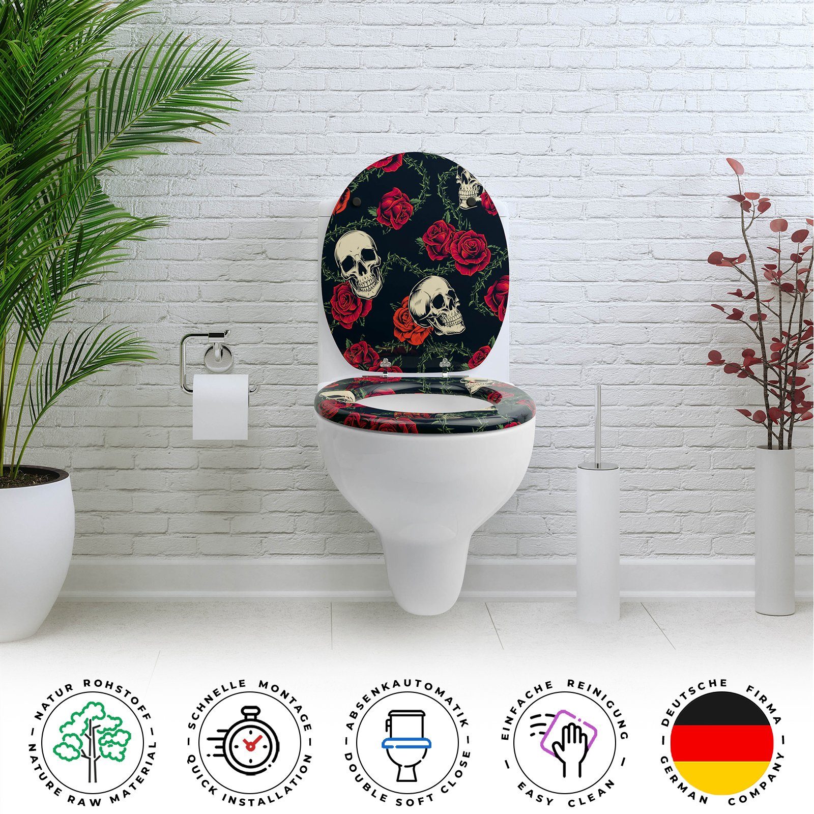 Sanfino WC-Sitz "Rose Skull" Premium Toilettendeckel mit Absenkautomatik aus Holz, mit schönem Totenkopf-Motiv, hohem Sitzkomfort, einfache Montage – Bild 4 von 5
