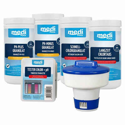 mediPOOL Poolpflege mediPOOL Wasserpflege Tester pH-Minus pH-Plus, Langzeit-Chlor Dosierer, (Set)