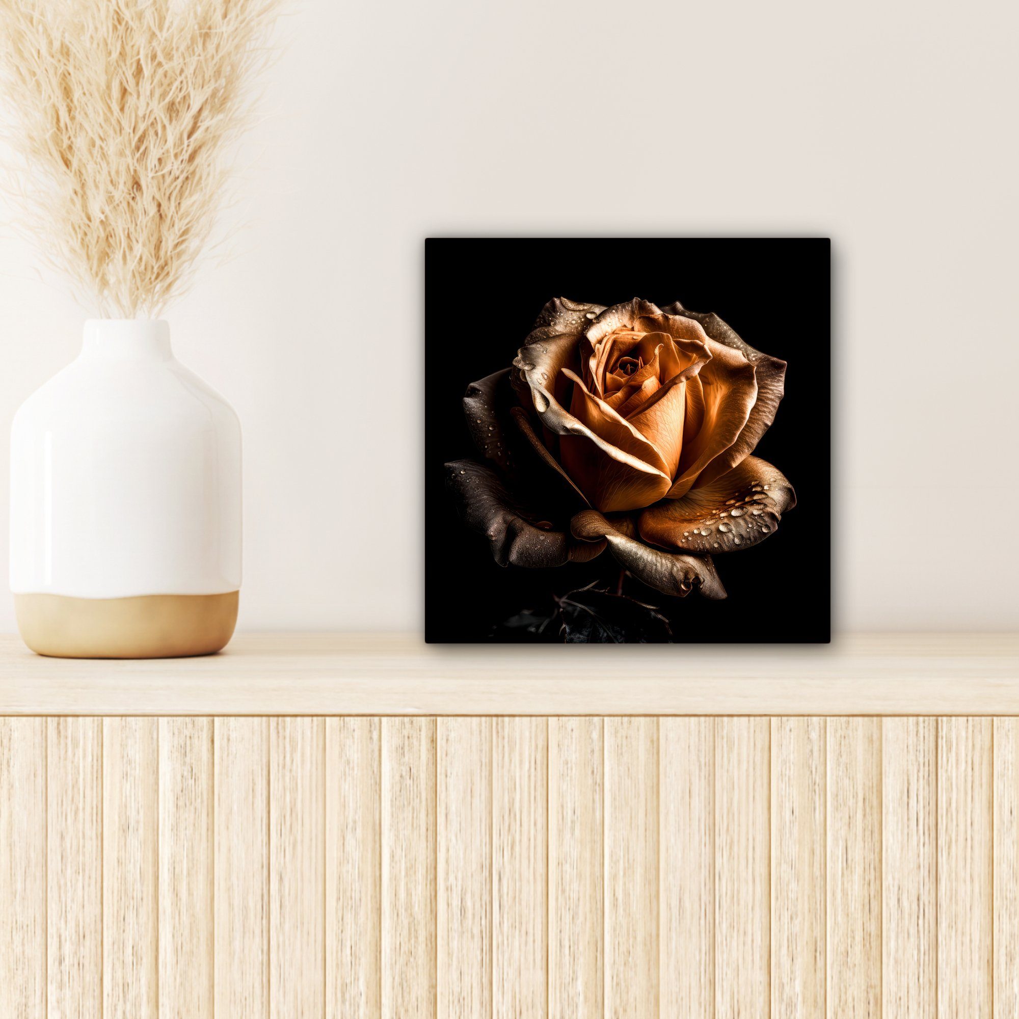 - (1 Rose Schlafzimmer, 20x20 für St), cm - Wohnzimmer - Gold Bilder Botanisch OneMillionCanvasses® Blumen Schwarz, Leinwand Leinwandbild