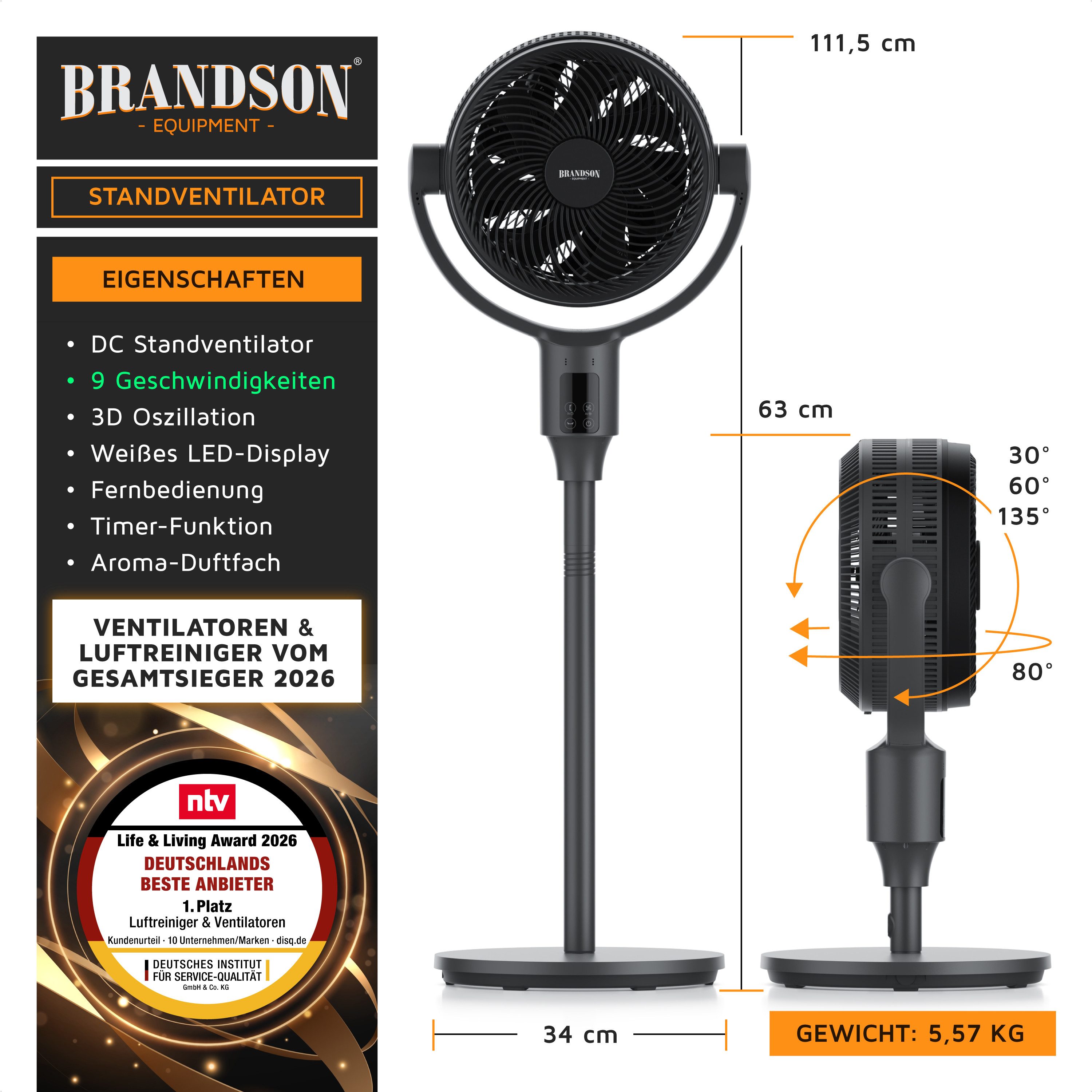 Brandson Standventilator Dual Blade, 3D Oszillation, DC Motor, Timer, Fernbedienung, Duftfach, Sieger Live & Living Award 2026, 9 Geschwindigkeiten, höhenverstellbar