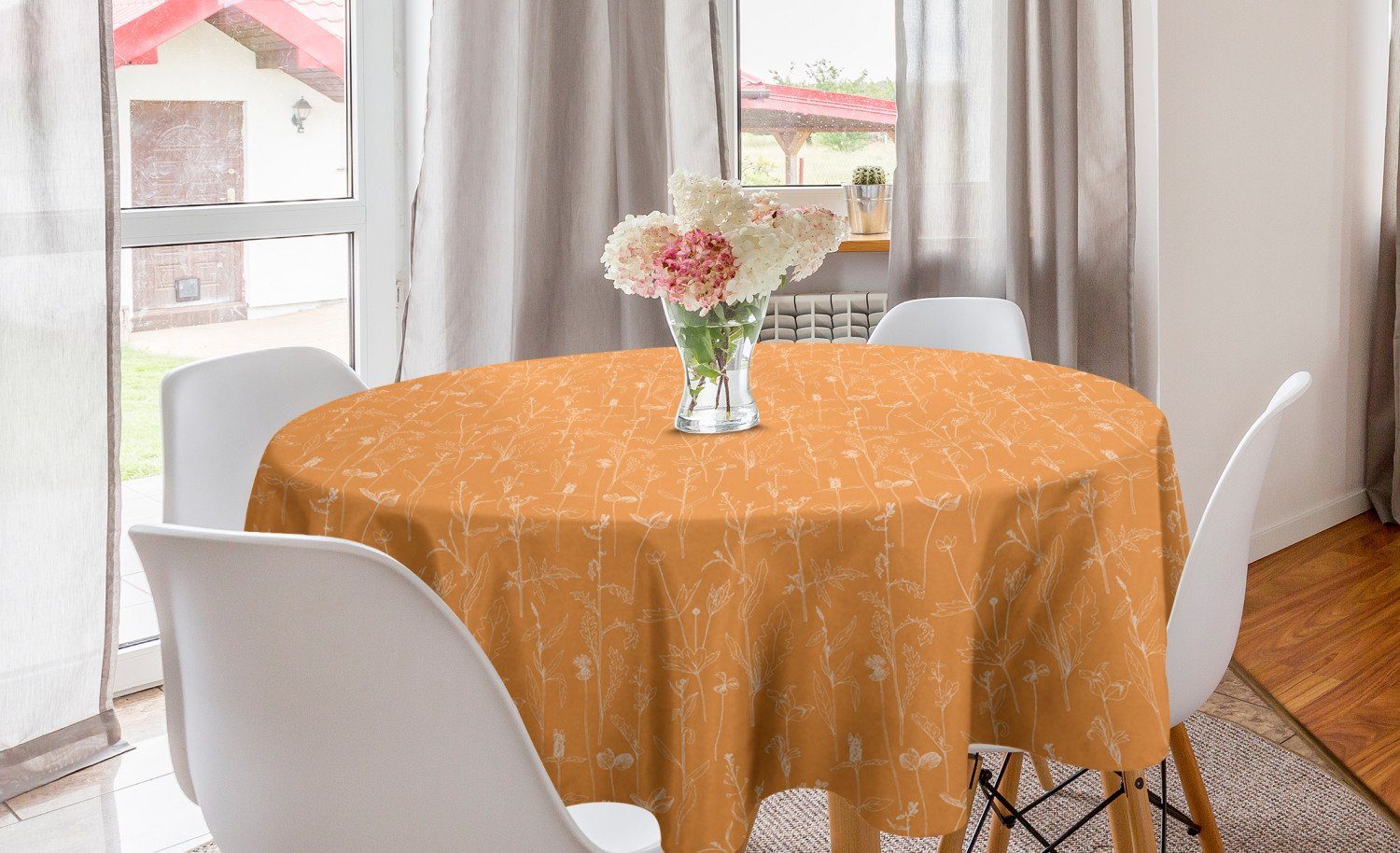 Abakuhaus Tischdecke Kreis Tischdecke Abdeckung für Esszimmer Küche Dekoration, Orange und Weiß Blooming Leaves