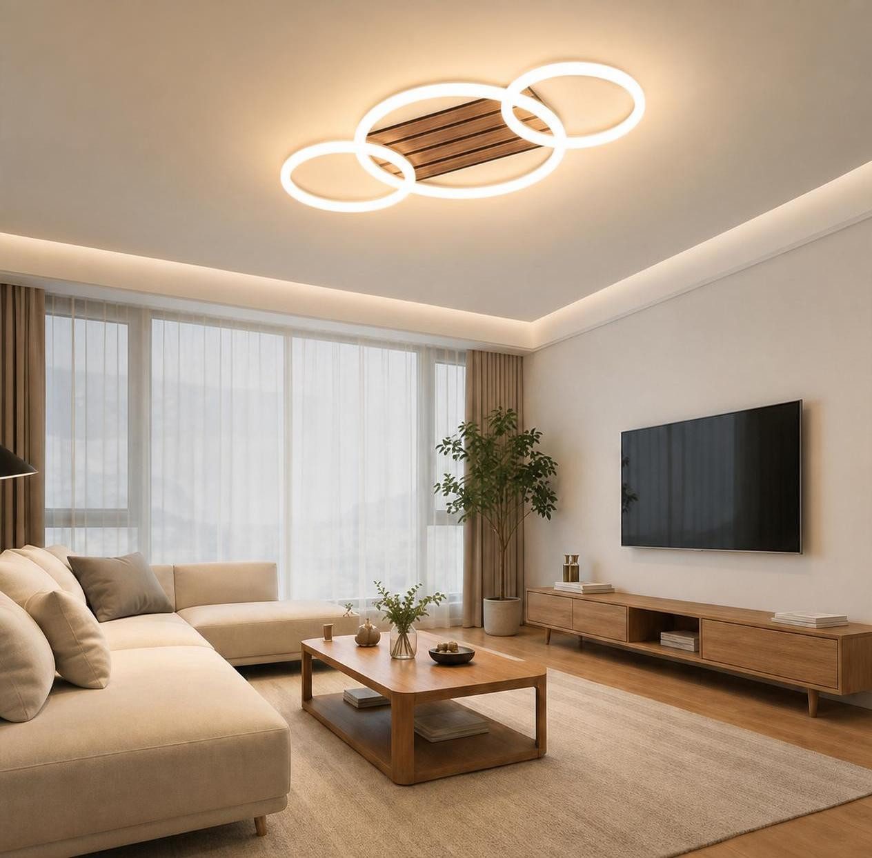ZMH LED Deckenleuchte 3-Ringe 58 cm Schwarz Holzoptik 21W Warmweiß, LED fest integriert, warmweiß, 3-Ringe-Design, Holzoptik, warmweißes Licht – Bild 2 von 5