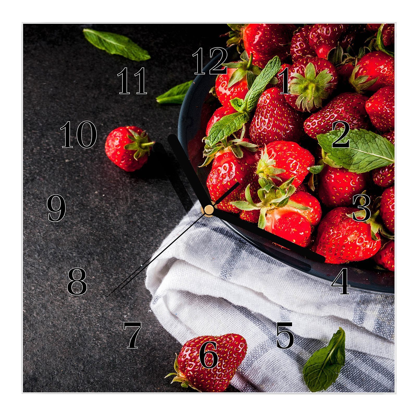 Motiv Wanduhr Primedeco Wanduhr mit Wandkunst 30 Frische Größe Glasuhr x 30 cm Erdbeeren reife