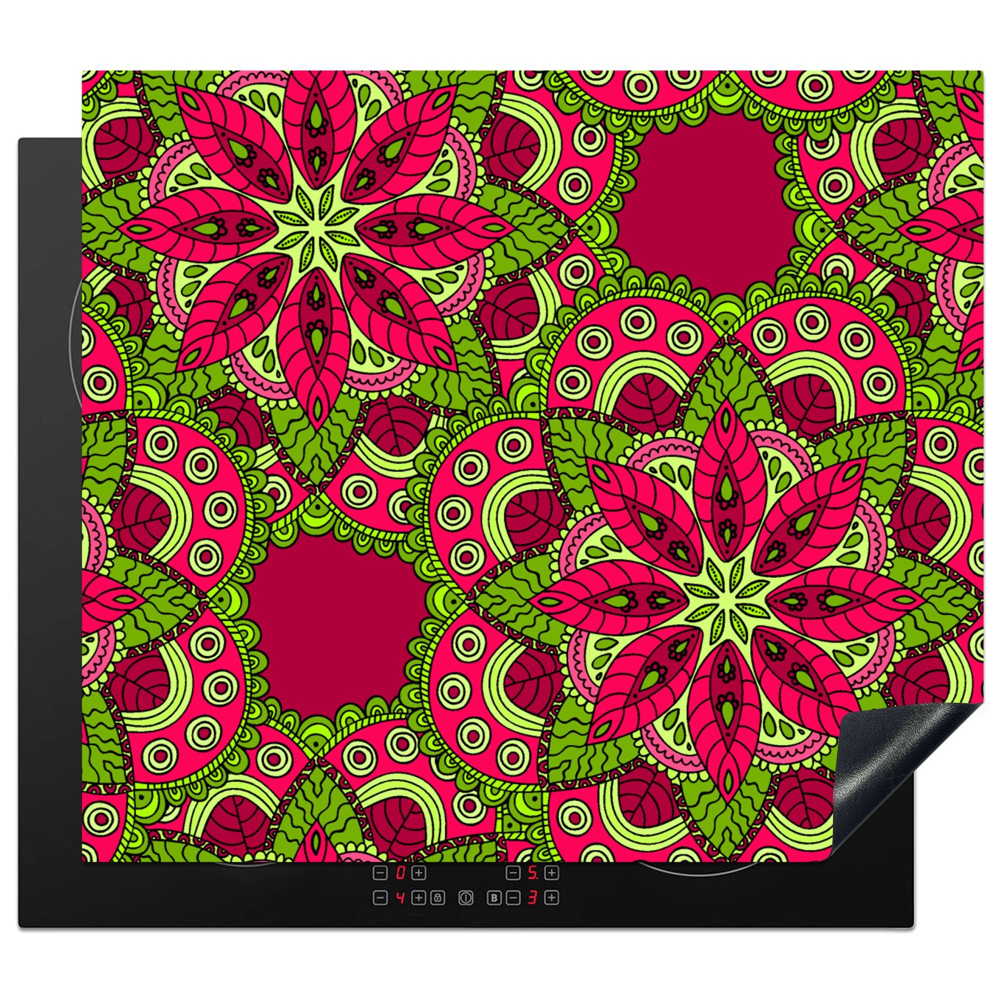 MuchoWow Herd-Abdeckplatte Hippie - Mandala - Blumen - Entwurf, Vinyl, (1 tlg), Ceranfeldabdeckung Küche, Herdabdeckplatte Einteilig, 60x52 cm