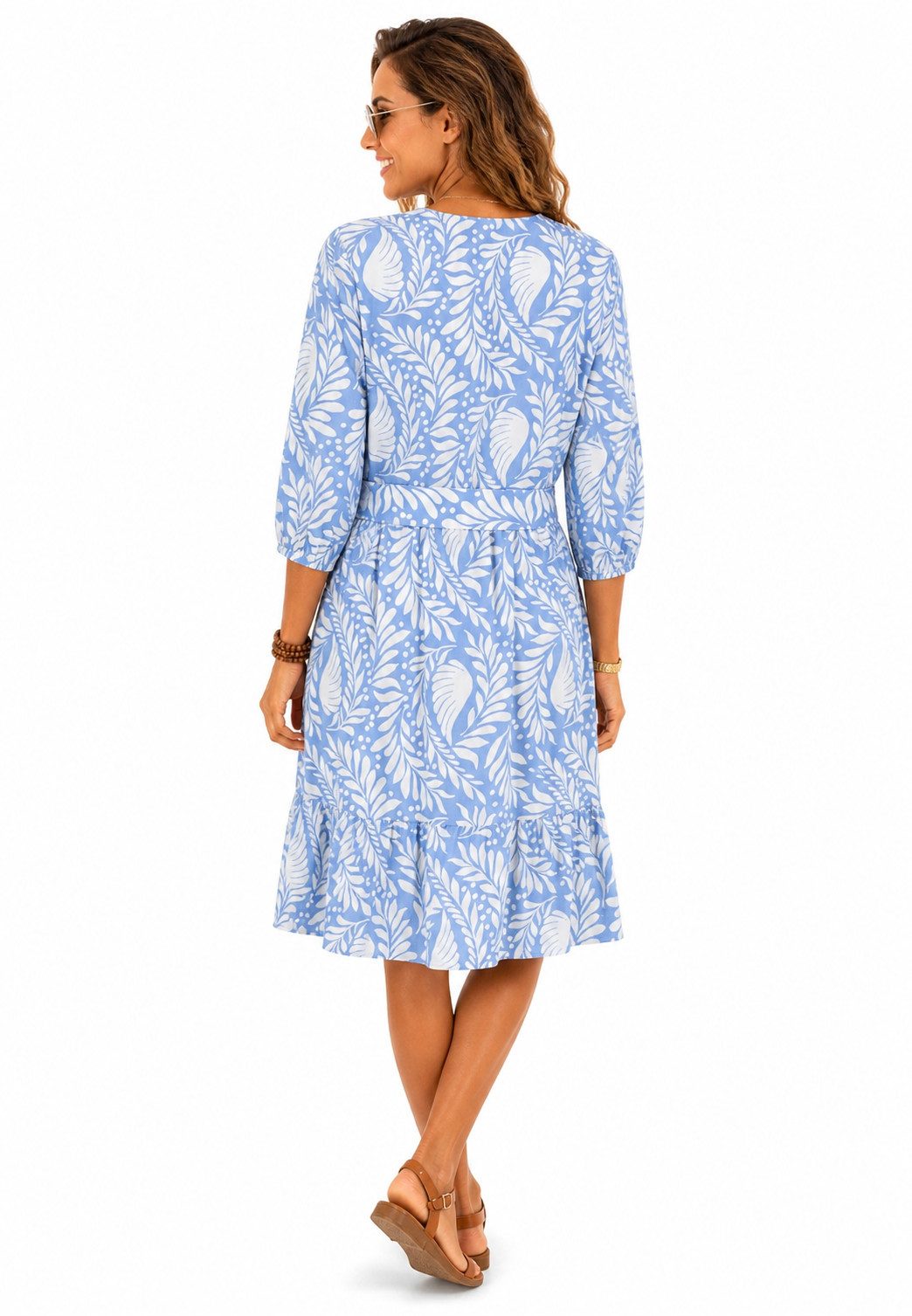SUBLEVEL Sommerkleid Sommerkleid mit Print und Gürtel Freizeitkleid 3/4 Arm Kleid Volant