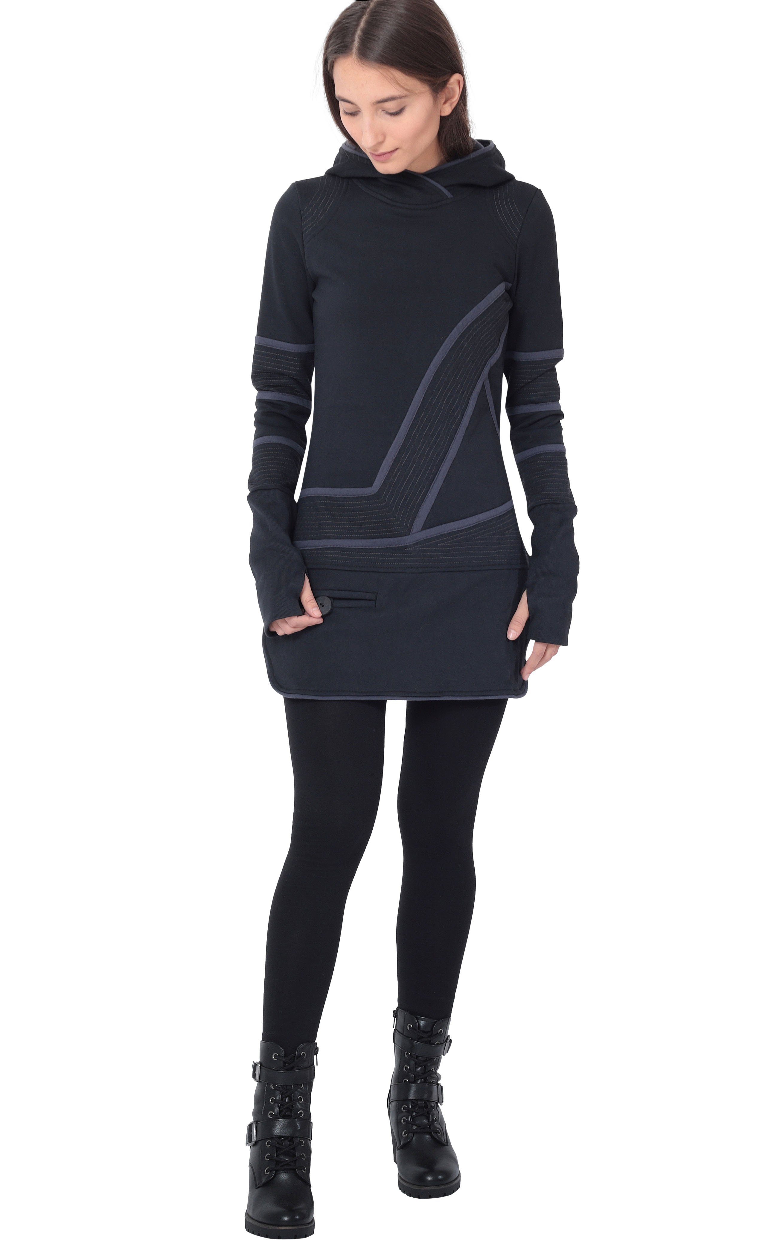 PUREWONDER Sweatkleid Kapuzenpullover-Kleid Hoodie Zweifarbig dr21 Schwarz günstig online kaufen