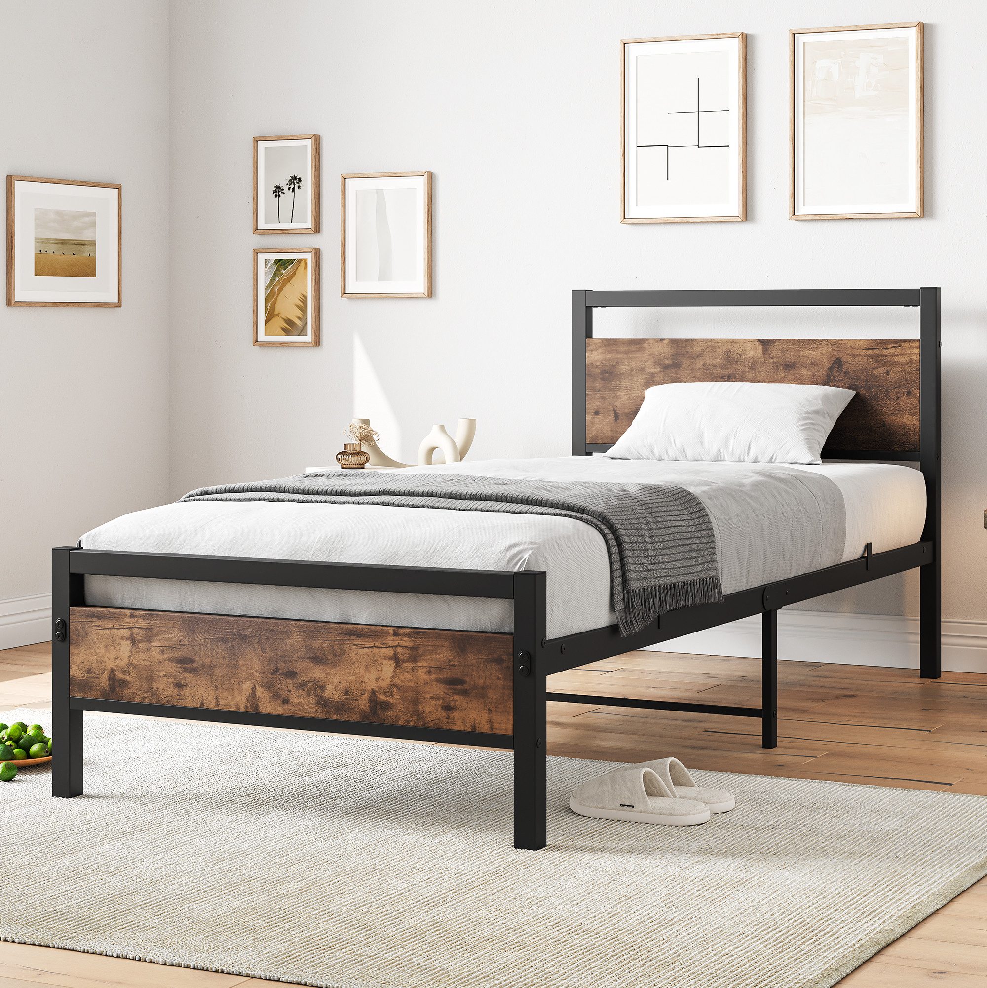 HOMERECOMMEND Metallbett aus Metall mit Lattenrost,Vintage Braun, 90x200cm (1-tlg), Kein Boxspring erforderlich, Quietschfest
