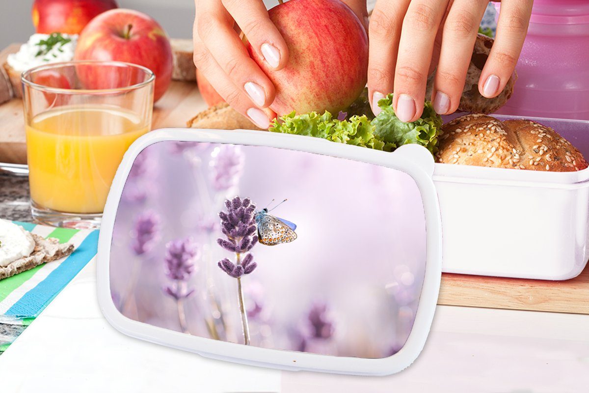 MuchoWow Lunchbox Lavendel - Nahaufnahme für Erwachsene, und für Brotbox und (2-tlg), Brotdose, Kunststoff, Jungs Lila, Kinder weiß Mädchen - - Schmetterling