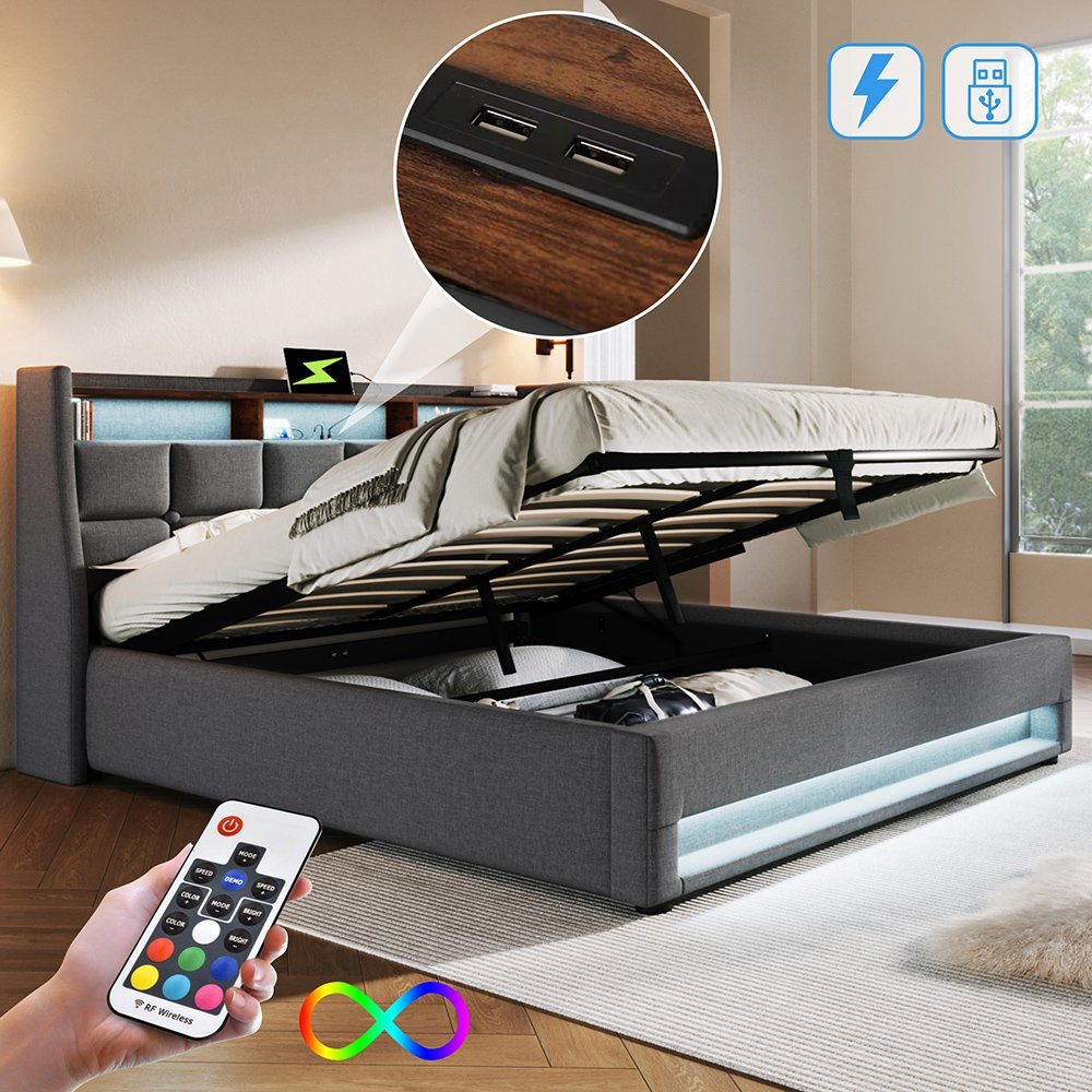 Polsterbett (Funktionsbett, 160x200 cm Hydraulisches Bett mit Lattenrost), Stauraumbett mit LED-Beleuchtung und USB-Anschluss, Baumwolle-Leinen