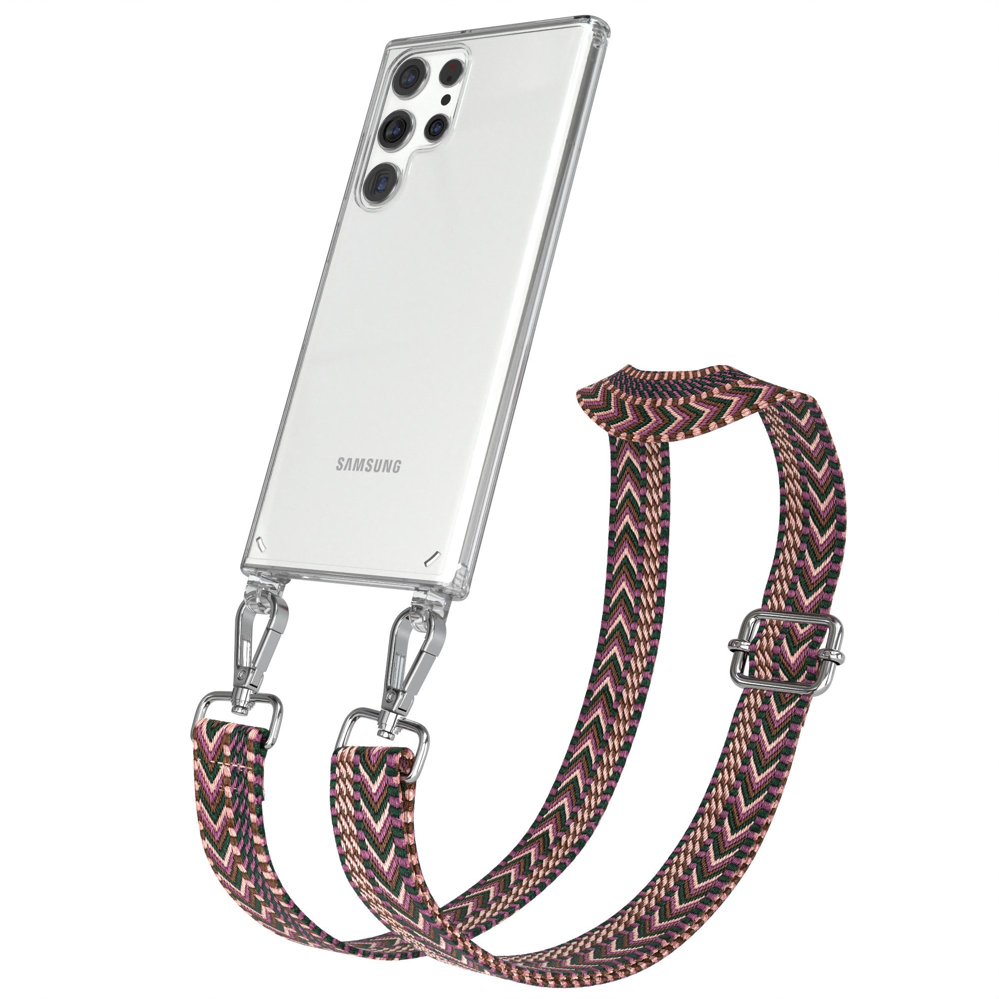 EAZY CASE Handykette Boho Umhängeband für Samsung Galaxy S22 Ultra 5G 6,8 Zoll, Durchsichtige Hülle mit Handyriemen Phone Karabiner Halskette Beere