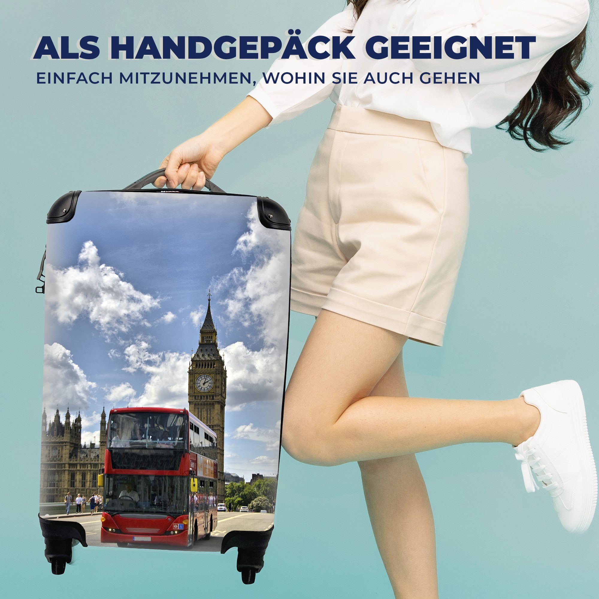 Handgepäck Reisekoffer Trolley, Rollen, roter MuchoWow 4 Reisetasche mit London, mitten Bus Handgepäckkoffer Ein für Ferien, in rollen,