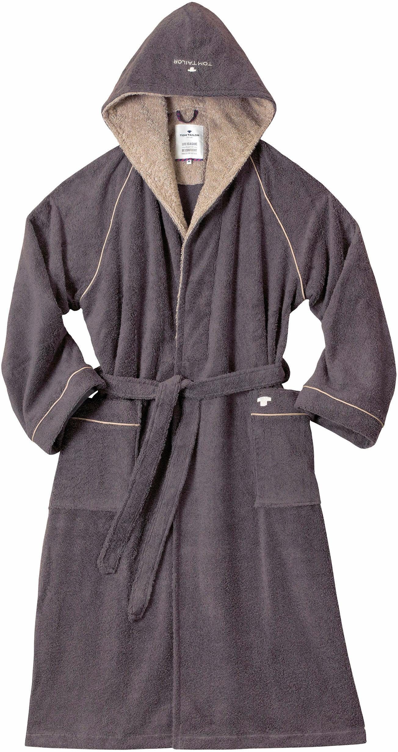 TOM TAILOR HOME Unisex-Bademantel Wellness, Langform, Walkfrottee, Kapuze, Gürtel, für Damen & Herren, mit farbiger Paspel