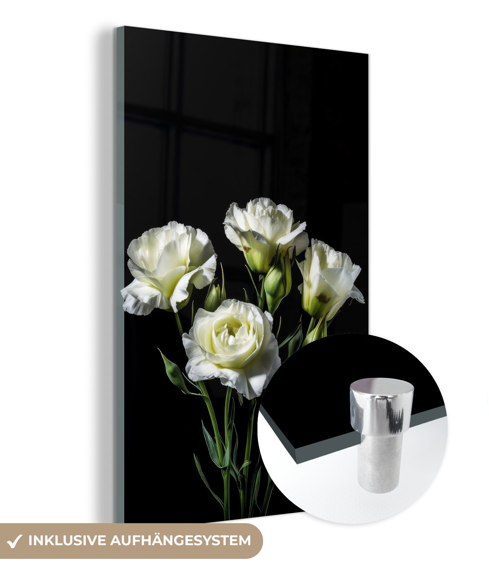MuchoWow Acrylglasbild Blumen - Rosen - Weiß - Botanisch - Schwarz, (1 St), Glasbilder - Bilder auf Glas Wandbild - Foto auf Glas - Wanddekoration