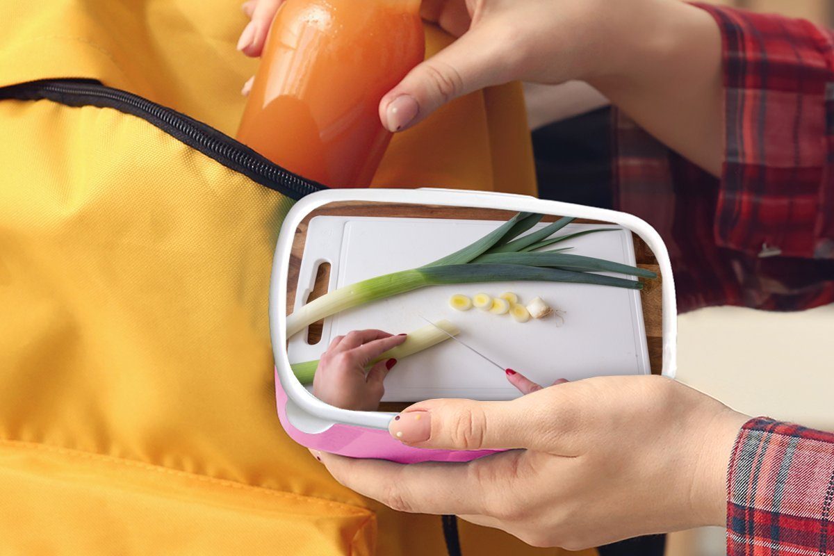 MuchoWow Lunchbox Schneiden Kunststoff, (2-tlg), von Erwachsene, einem Kinder, Schneidebrett, Lauch Snackbox, auf Brotbox Mädchen, rosa Kunststoff Brotdose für