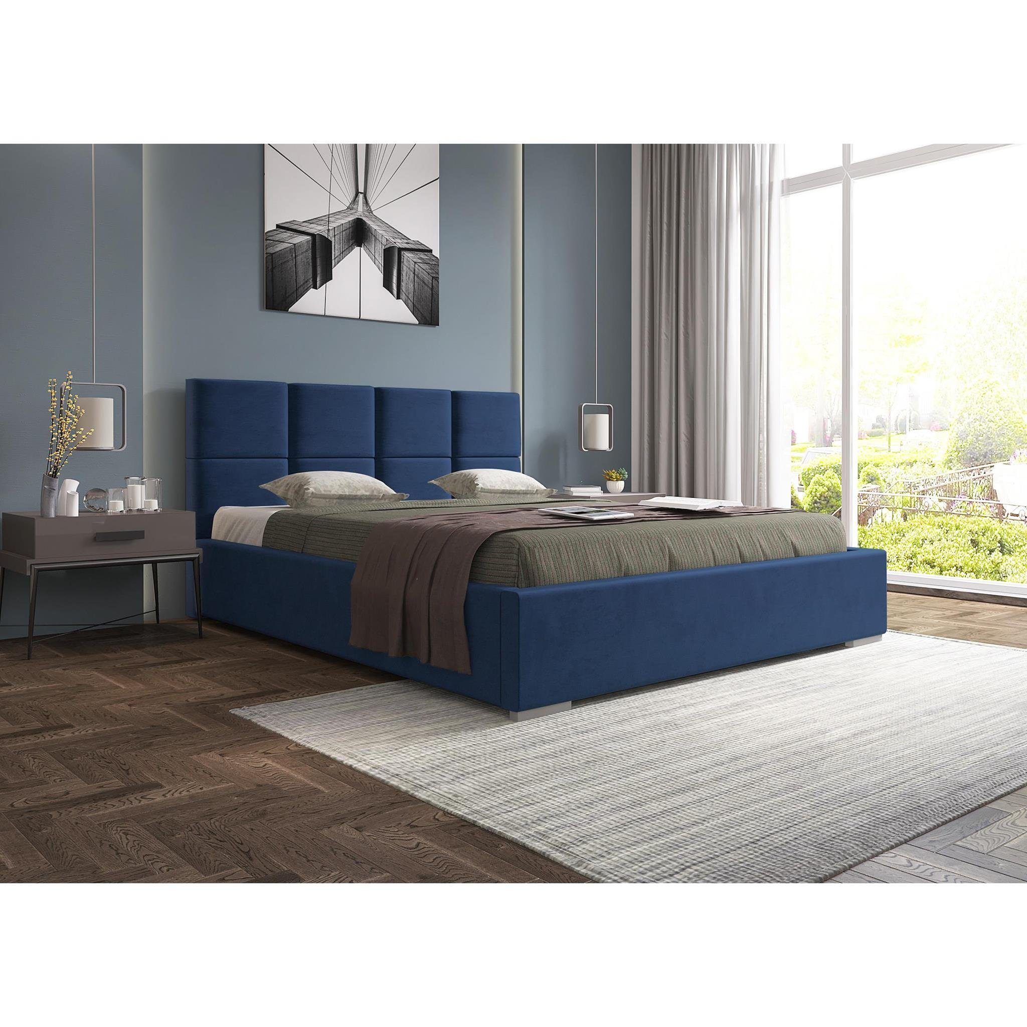 Beautysofa Polsterbett Axel (Doppelbett aus Velours-Bezug, Bett mit Holzgestell mit 40 Leisten, 120x200 cm), inkl. Bettkasten, mit Federmechanismus Blau (mono 242)
