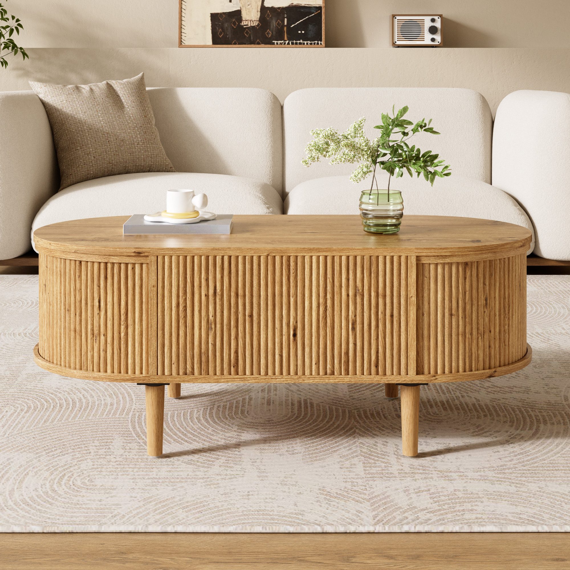 Merax Couchtisch anhebbarer Sofatisch oval Beistelltisch mit Liftfunktion & Holzoptik (100 x 48 x 54,5 cm, 1-St), Wohnzimmertisch mit verstecktem Stauraum, 3 Ab – Bild 2 von 5