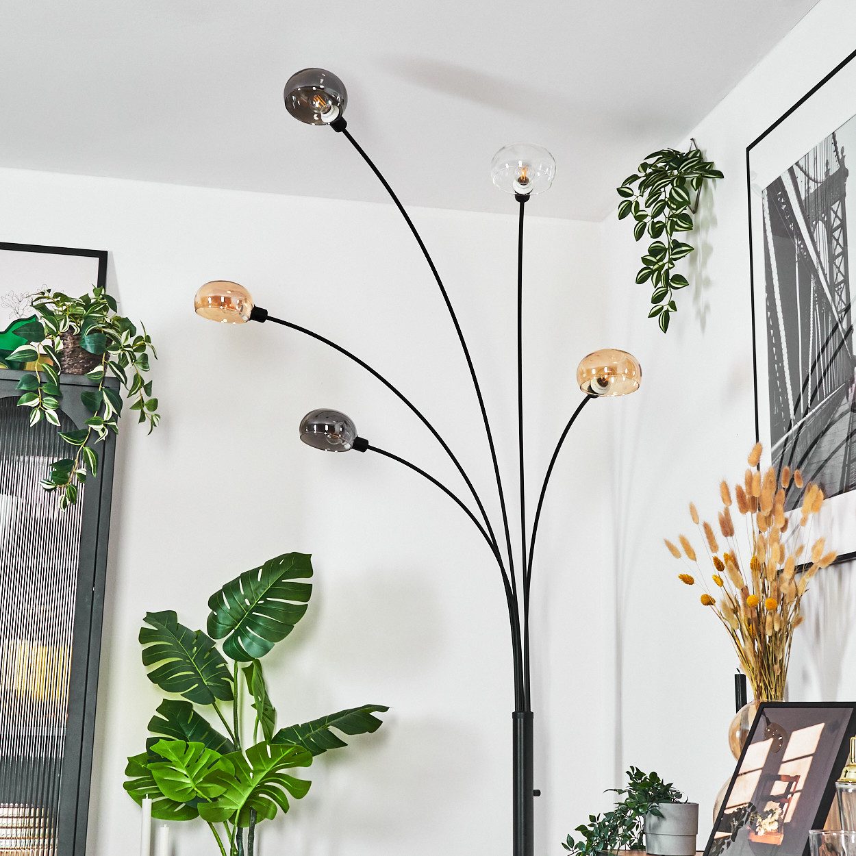 hofstein Stehlampe Stehlampe aus Metall in Schwarz/Rauch/Bernstein/Klar, Vintage-Design, ohne Leuchtmittel, Stehleuchte verstellbar mit Marmorfuß und Schalter am Gehäuse, E14