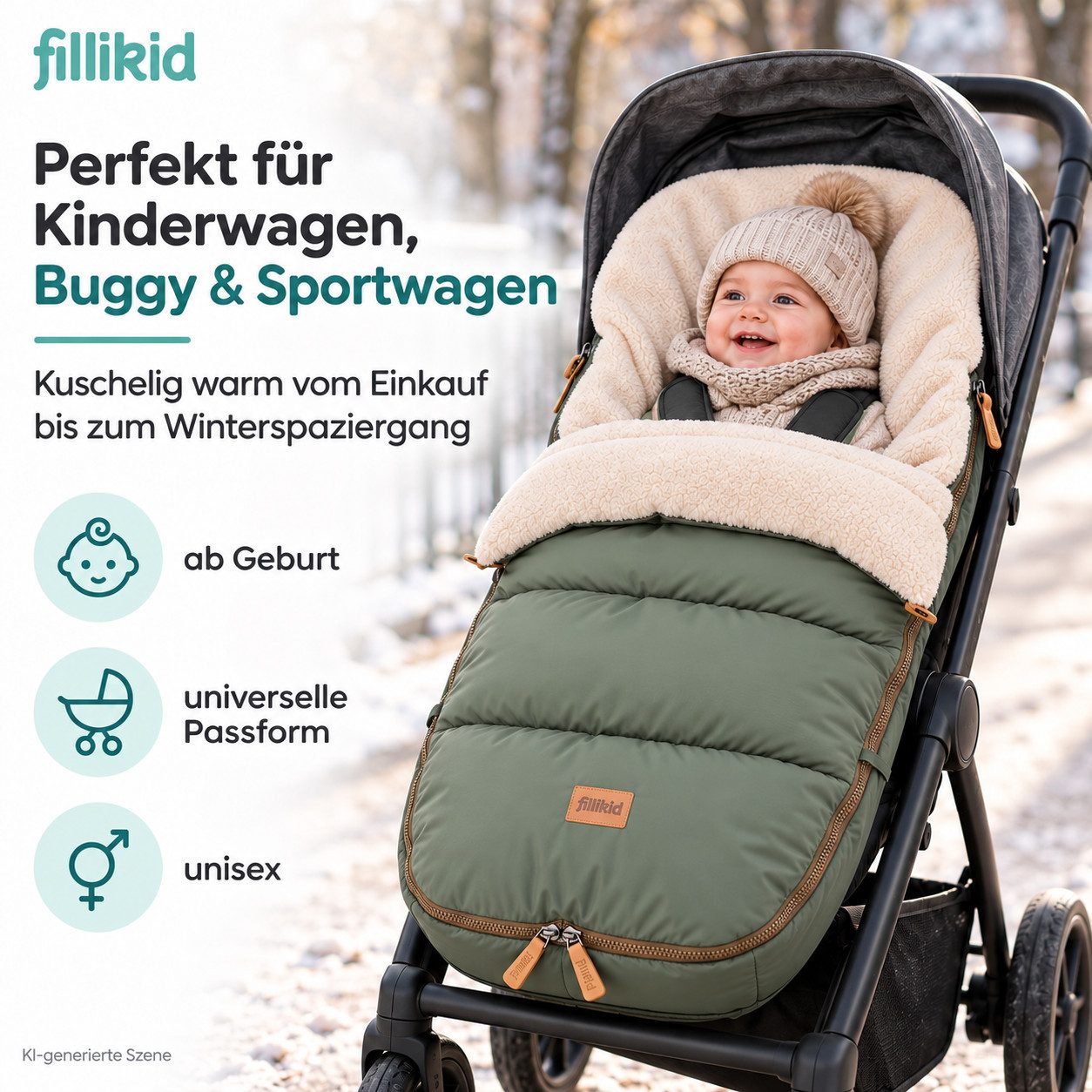 Fillikid Fußsack Winterfußsack Kinley Exklusiv, warmer Winterfußsack waschbar mit Rundum Reißverschluss und – Bild 2 von 5