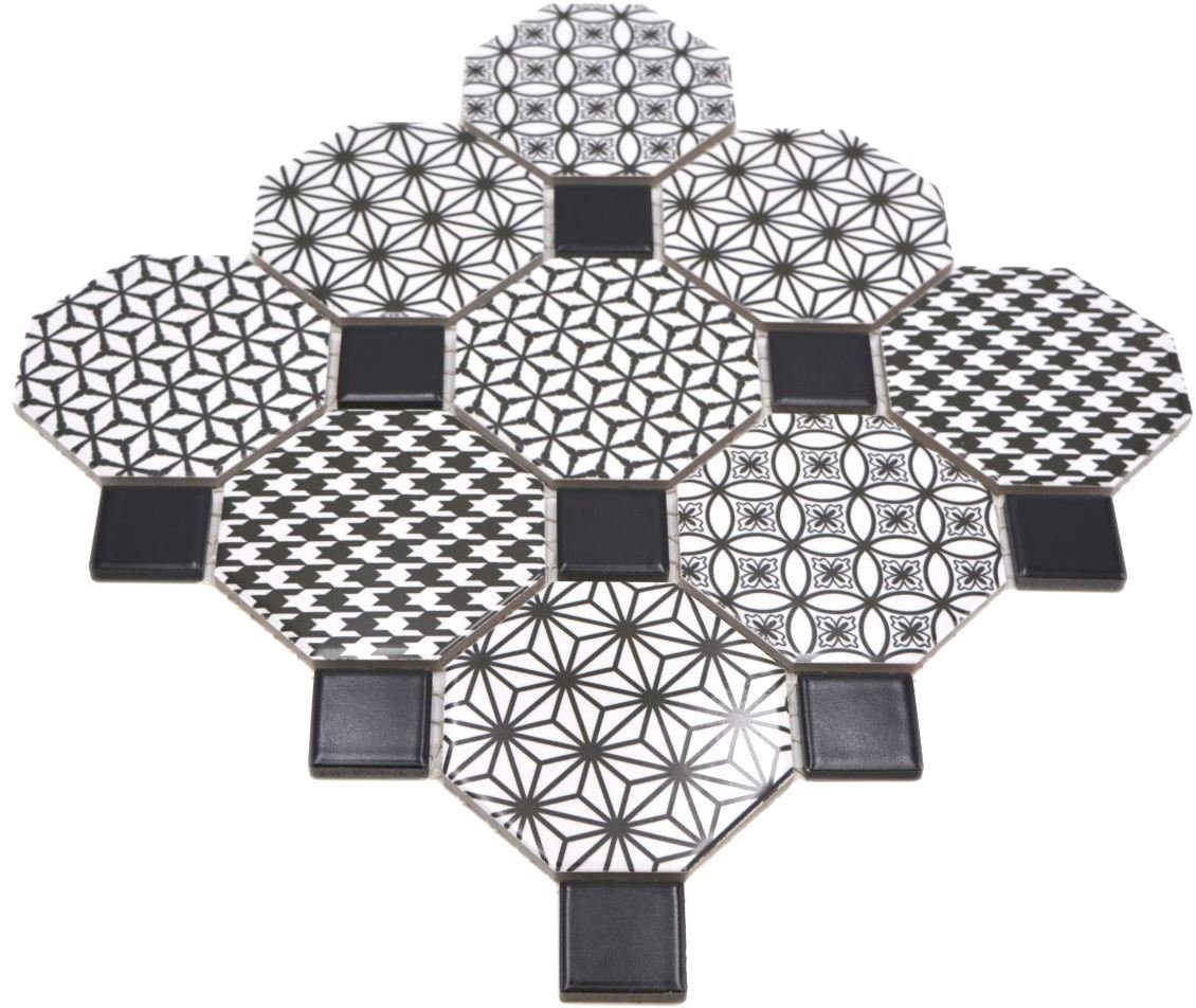 Mosani Mosaikfliesen Octagonale Achteck Mosaik Fliese Keramik MISTO weiß glänzend schwarz