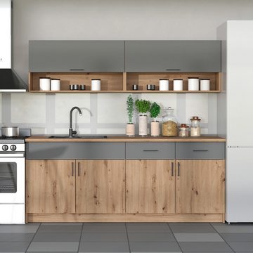 Homestyle4u Küchenzeile 200 cm ohne Geräte klein Grau matt Eiche Holz schwarze Griffe Glas