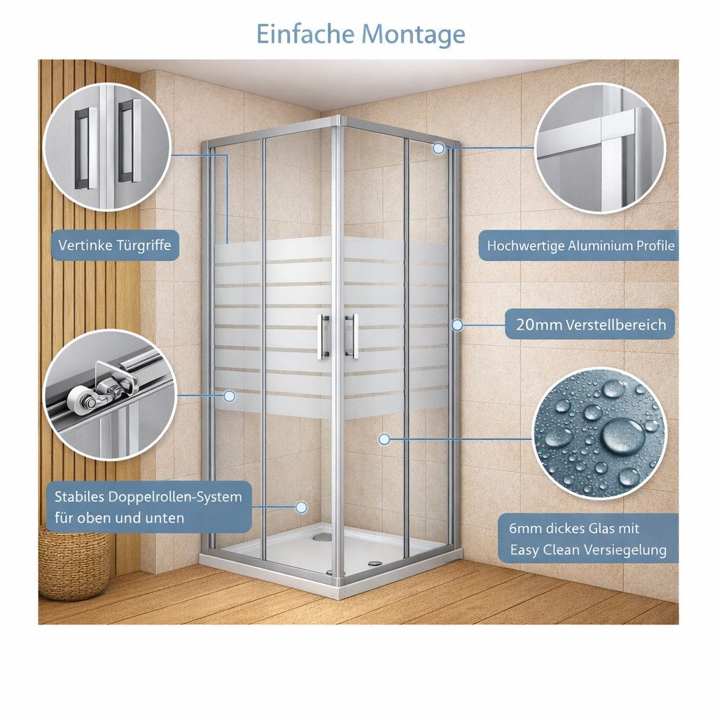 welltime Eckdusche New Trento mit Streifendekor, BxT: 80x80 cm, Einscheibensicherheitsglas, Extrahohe 195cm, 6mm ESG, verbessertes Rollensystem, Streifendekor