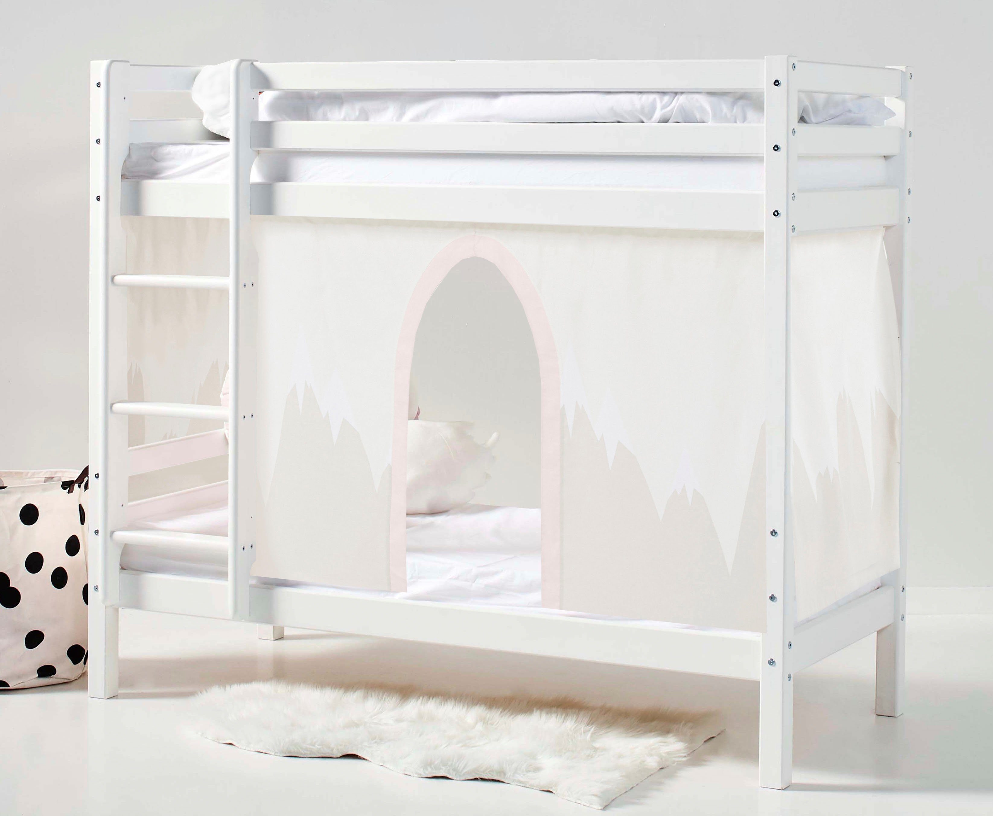 Hoppekids Etagenbett «Winter Wonderland» (Set, 4-St., Bett, Vorhang und zwei Matratzen), 70x160 massiv mit Vorhang & Matratzen
