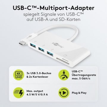 Goobay USB-Verteiler USB-C Multiport Adapter USB Typ A und SD Card Reader (USB 3.0, Weiß), 3x USB Buchsen / 1x SD Kartenleser / 1x microSD Kartenleser