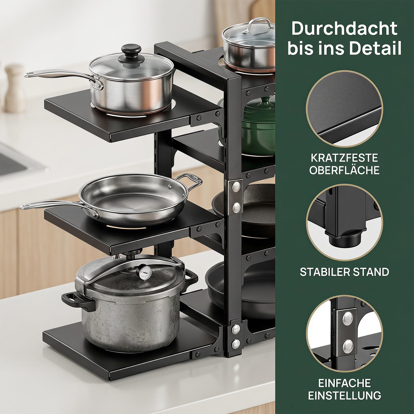 AKKEE Geschirrständer 7-stufiger verstellbarer Topf-Organisator Küchenorganisator, Kohlenstoffstahlmaterial – Bild 4 von 5