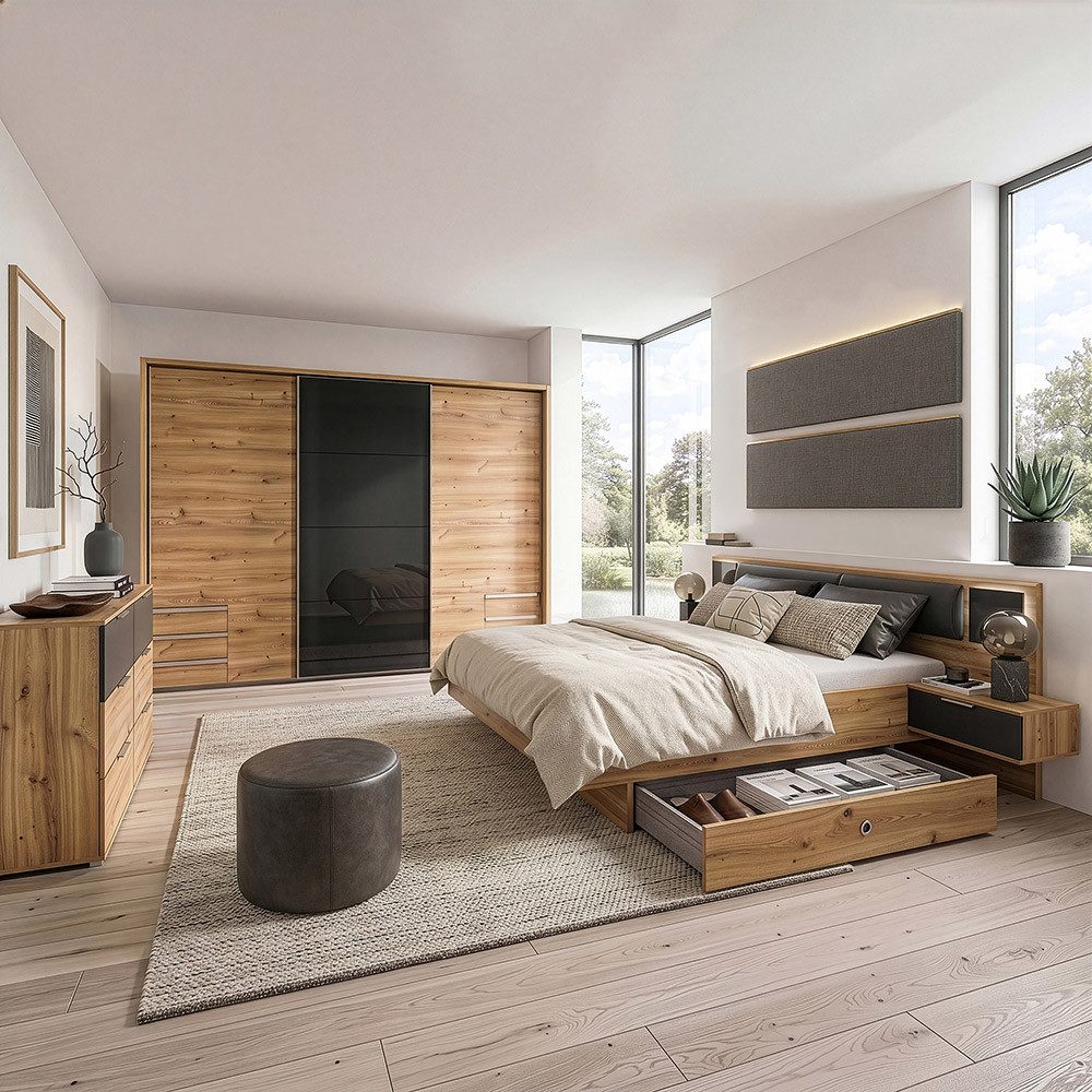 Lomadox Schlafzimmer-Set VIESTE-43, (Spar-Set, 5-tlg), mit Bett 160x200, graphit mit Eiche