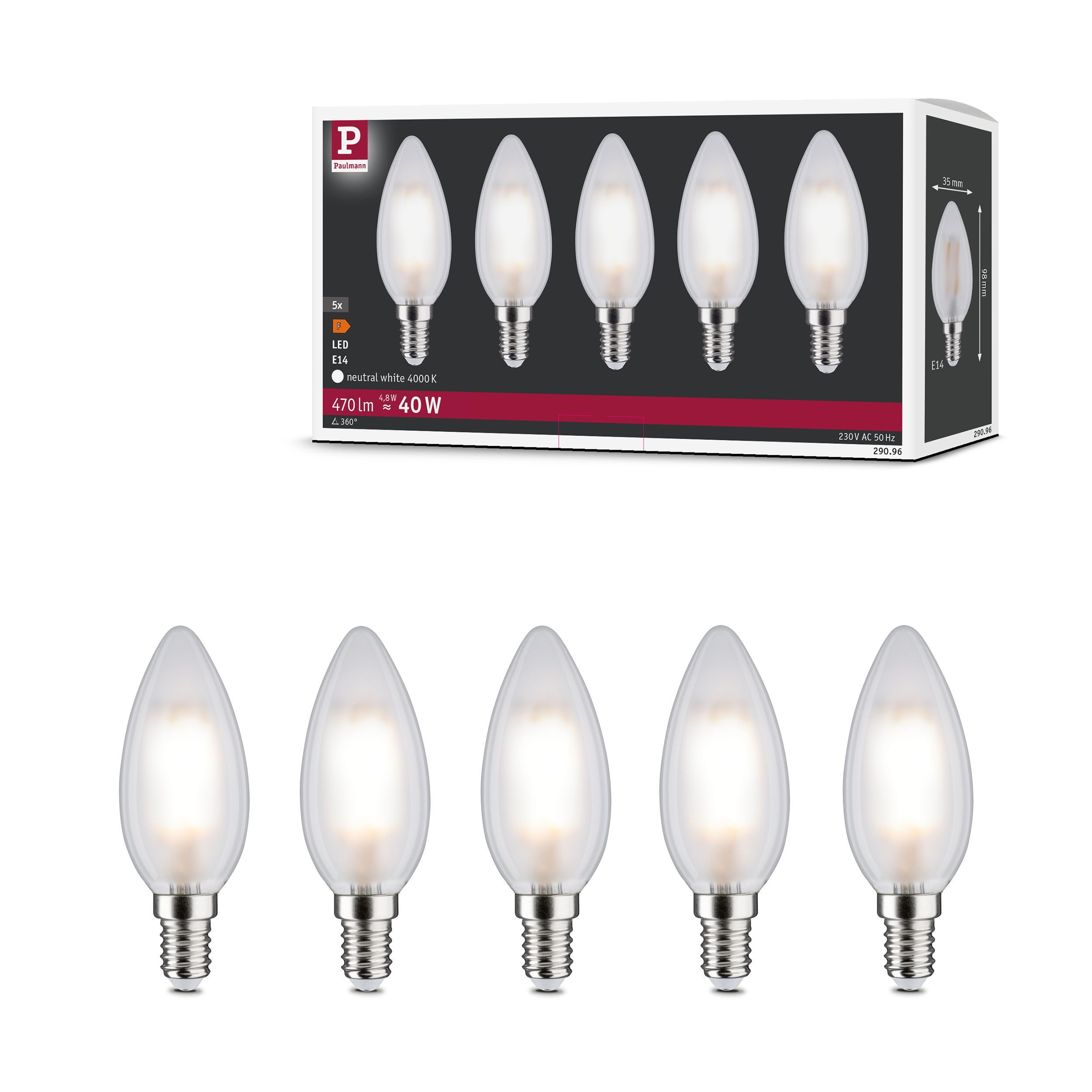 Paulmann LED-Leuchtmittel 5er Pack Kerze 470lm 4000K matt 230V, E14, 5 St., Neutralweiß – Bild 3 von 5