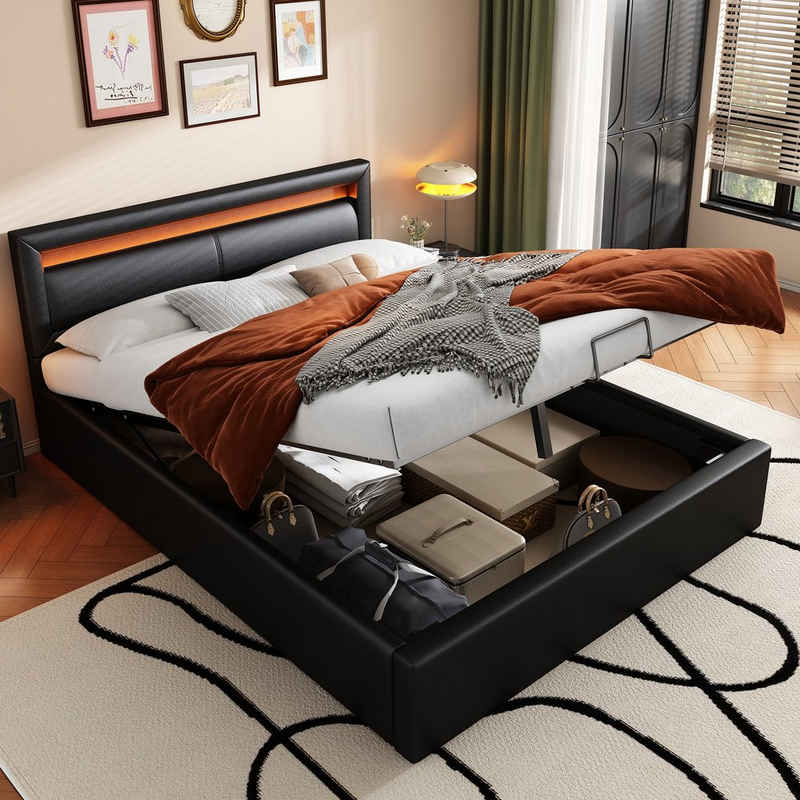 OKWISH Polsterbett 140*200cm LED-Bett,mit Lattenrost und Stauraum, mit beleuchtetem, mit beleuchtetem Kopfteil in diversen Farben