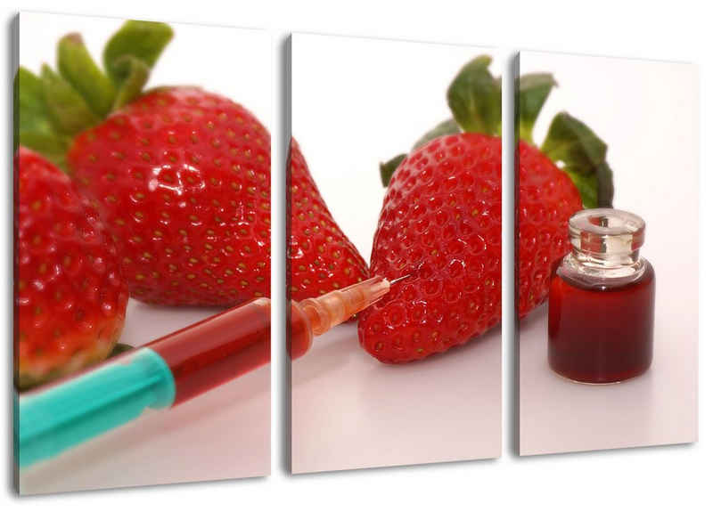 Pixxprint Leinwandbild Erdbeeren mit Lebensmittelfarbe, Erdbeeren mit Lebensmittelfarbe 3Teiler (120x80cm) (1 St), Leinwandbild fertig bespannt, inkl. Zackenaufhänger