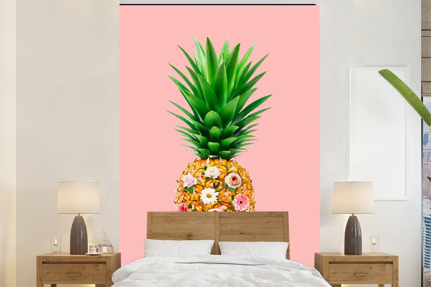 MuchoWow Fototapete Stilleben - Ananas - Blumen, Matt, bedruckt, (3 St), Montagefertig Vinyl Tapete für Wohnzimmer, Wandtapete