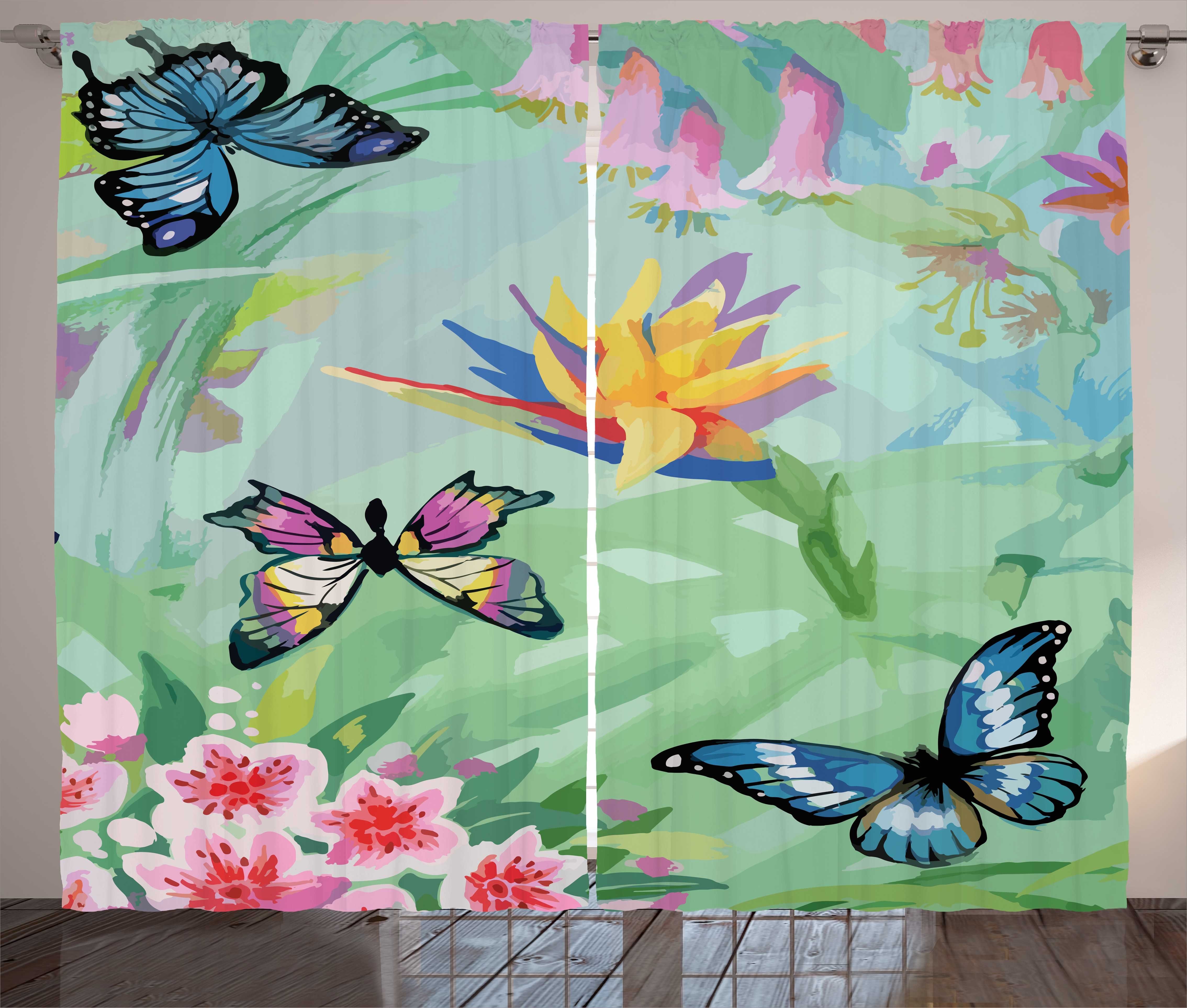 Gardine Schlaufen und Abakuhaus, Haken, wilde Schmetterlinge Kräuselband mit Schlafzimmer und Frühling Blumen Vorhang