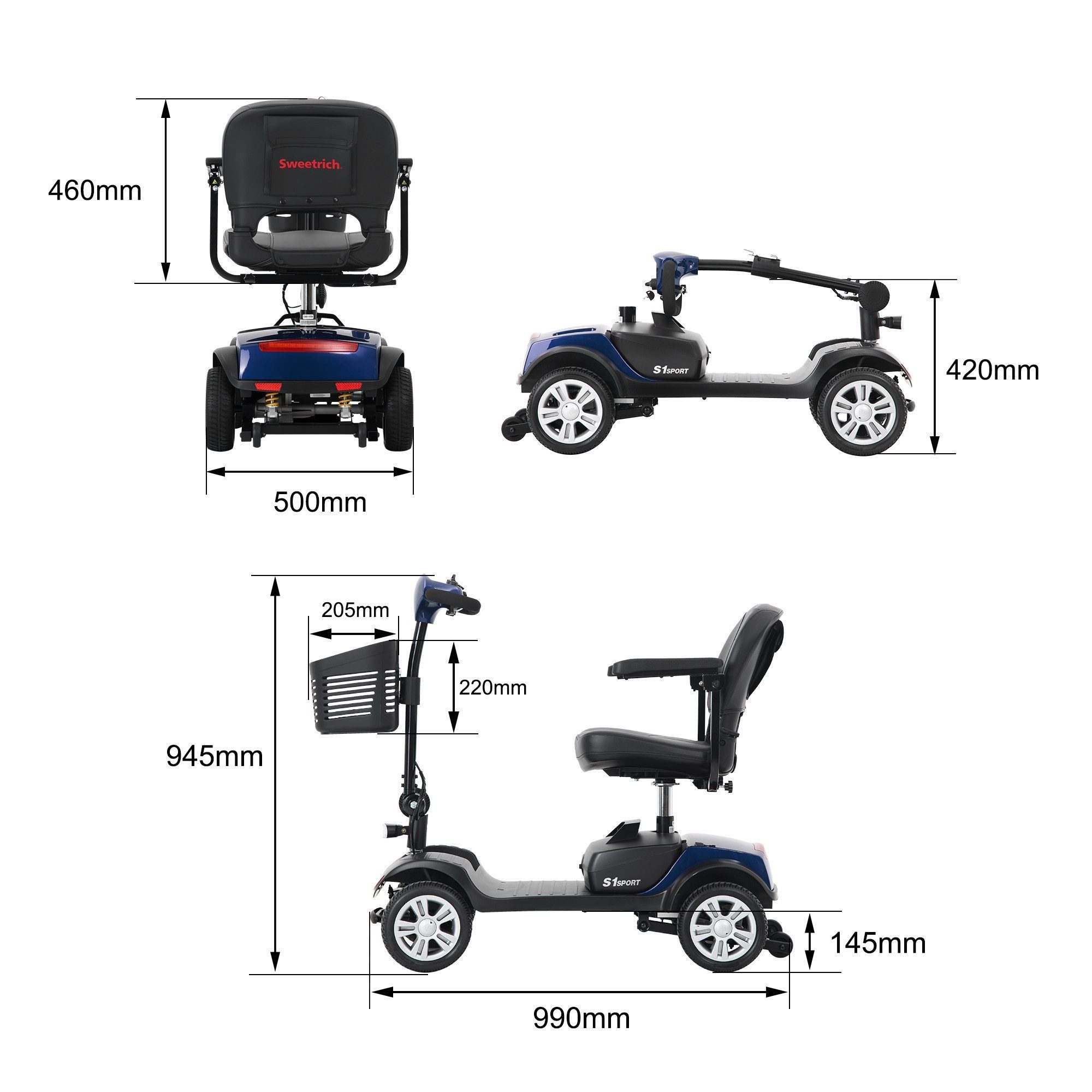 LVHOM Elektromobil faltbar,Hinter-Stoßdämpfer,14.5cm hohes Fahrgestell,15-25 km,12Ah, 300 W, 6 km/h, (136 kg Tr.Kr. 4-Rad-Scooter mit 360° drehbarer verdickter Luxussitz, Korb, LCD-Display + verstellbare Armlehnen + E-Bremse, sensibles Anhalten), Gesamtgewicht: 46kg
