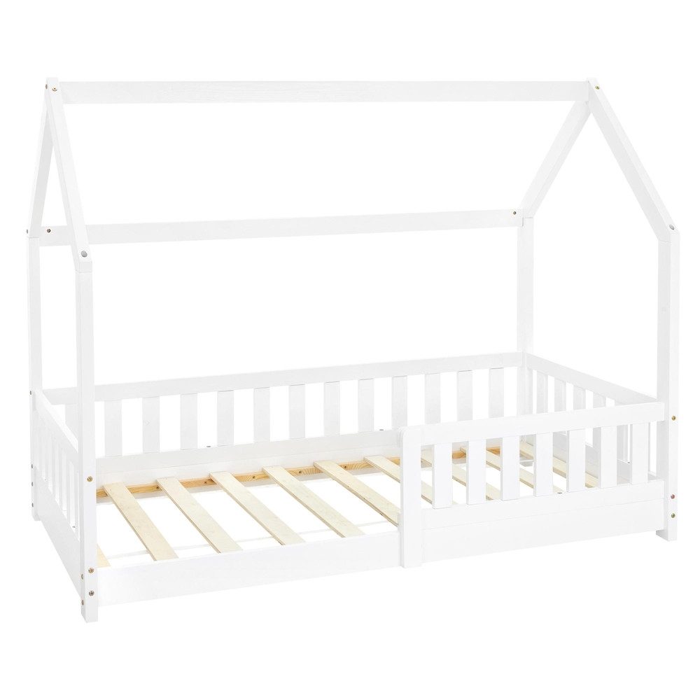 ML-DESIGN Spielbett Hausbett Kinderbett inkl. Lattenrost kreativ Bodenbett für Kinder, Abenteuerbett zum Spielen mit Rausfallschutz Kiefer Weiß Himmelbett