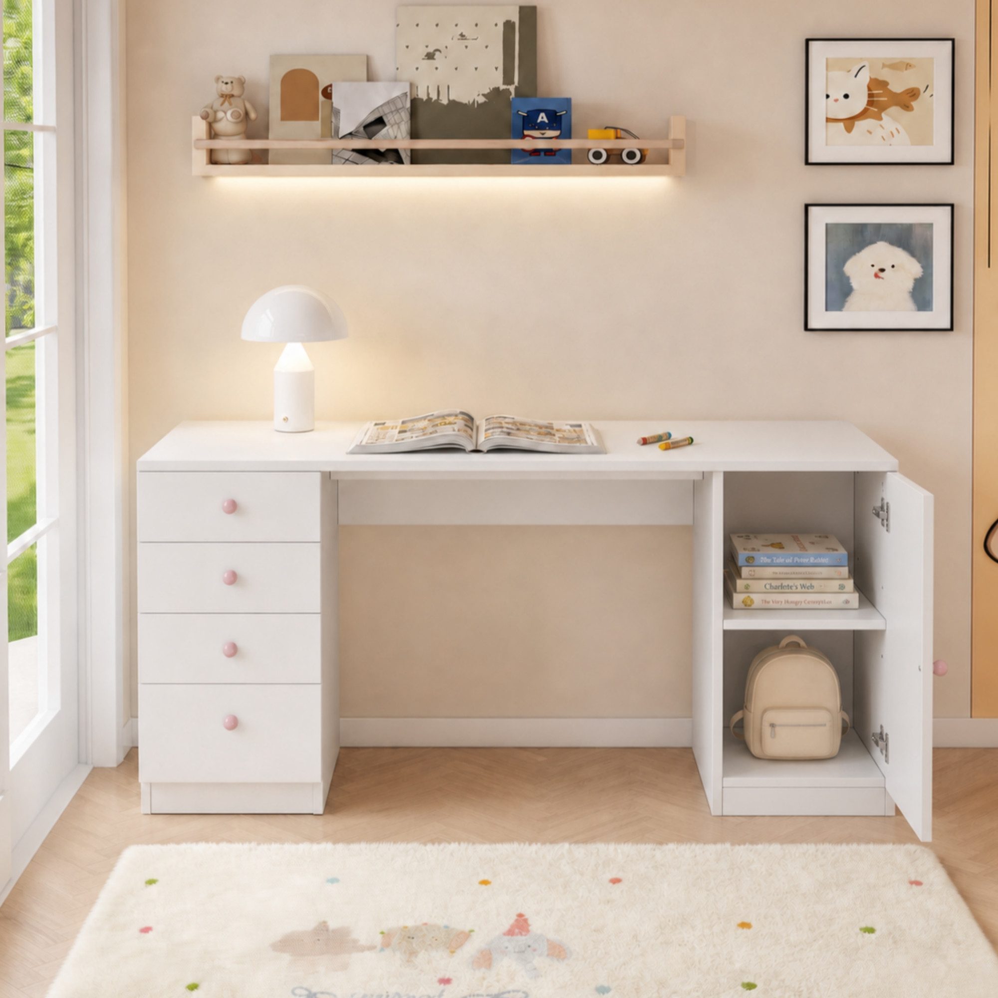 KEFEYA Schreibtisch Kinder mit 4 Schubladen und Ablage (weißer Kinderschreibtisch mit rosa Keramikgriffen, Lern- und Computertisch für Kinderzimmer & Homeoffice – Bild 3 von 5