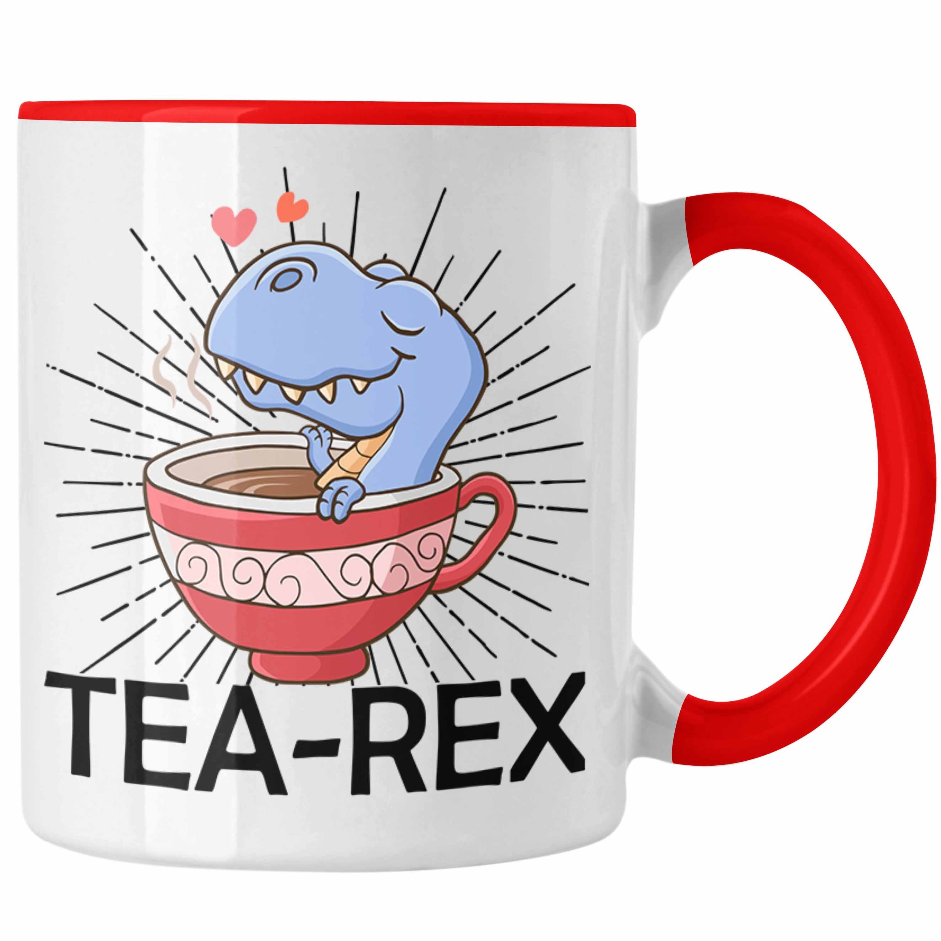 Trendation Tasse Trendation - Tea Rex Tasse Geschenk Wortspiel T-Rex Dinosaurier Geschenkidee Rot
