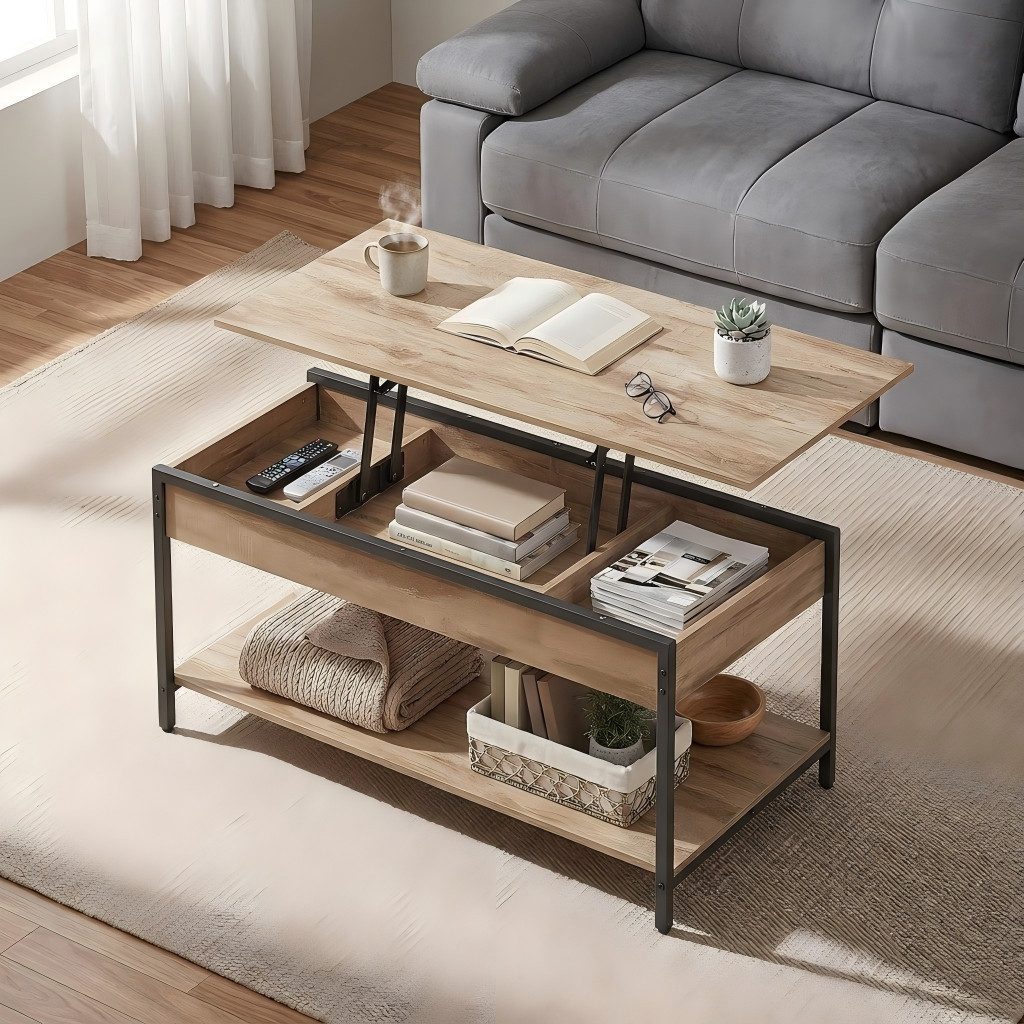 VASAGLE Couchtisch Wohnzimmertisch, höhenverstellbar, aufklappbar, mit Stauraum (für Home Office, inkl. Zubehörpaket & Anleitung), Stahl, Industrial, 50 x 100 x (48-63) cm