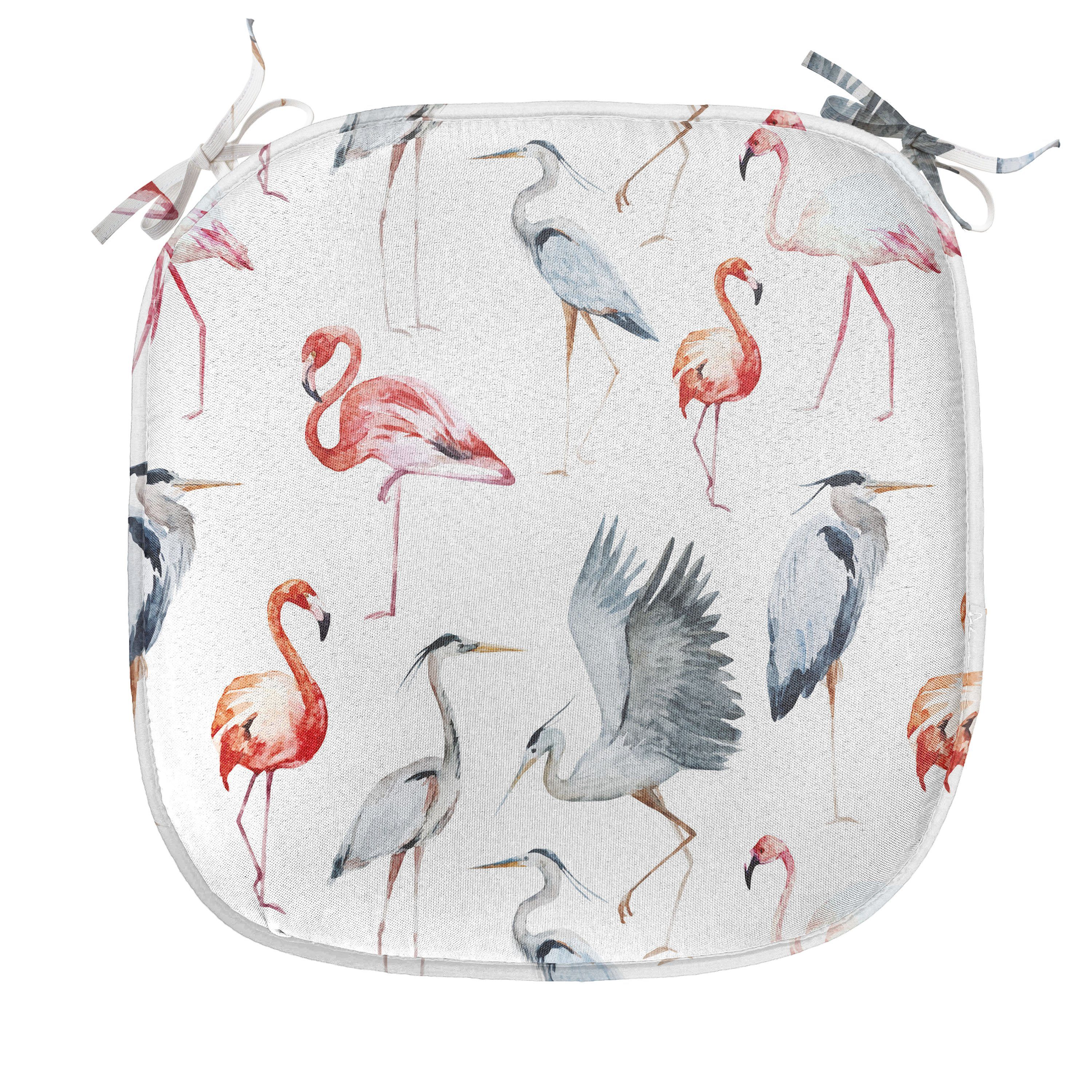 Abakuhaus Stuhlkissen Dekoratives wasserfestes Kissen mit Riemen für Küchensitze, Flamingo Reiher Vögel Aquarell