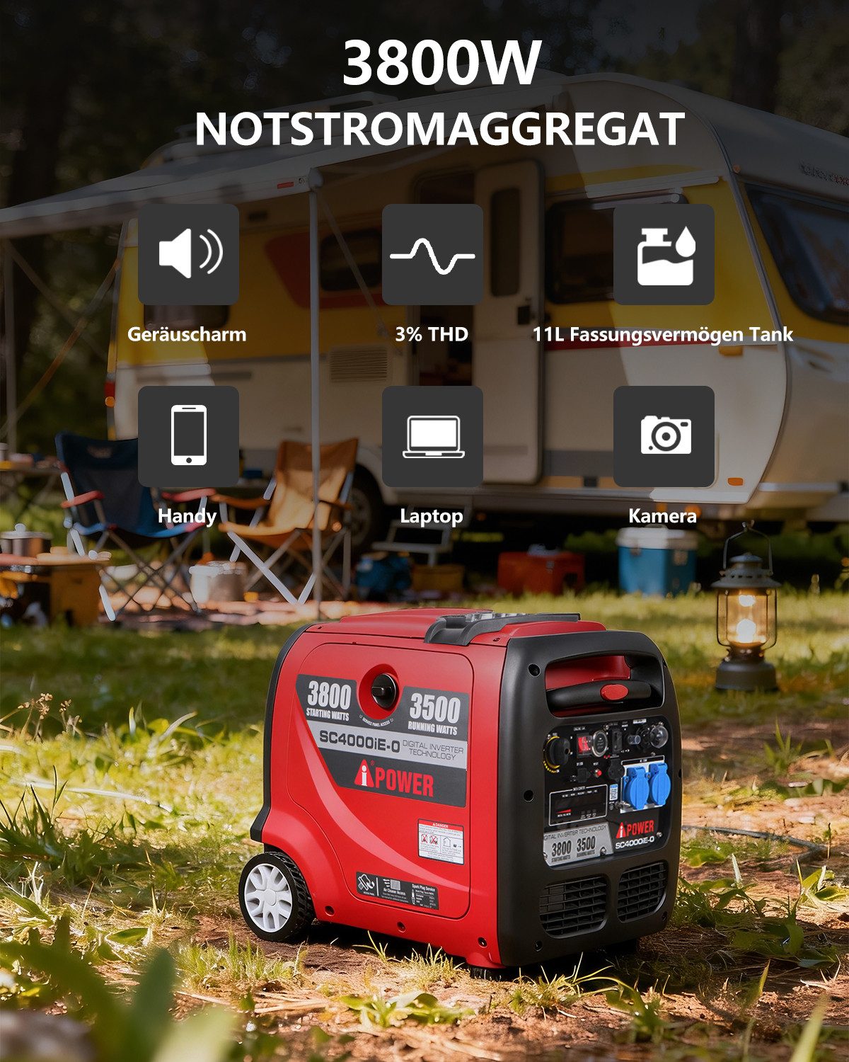 A-iPower Stromerzeuger SC4000iE-O, 3,8 in kW, (Benzin Stromgenerator Generator Notstromaggregat 4-Takt Motor Stromerzeuger Leise Paralleles Design), mit 2*230V Steckdosen