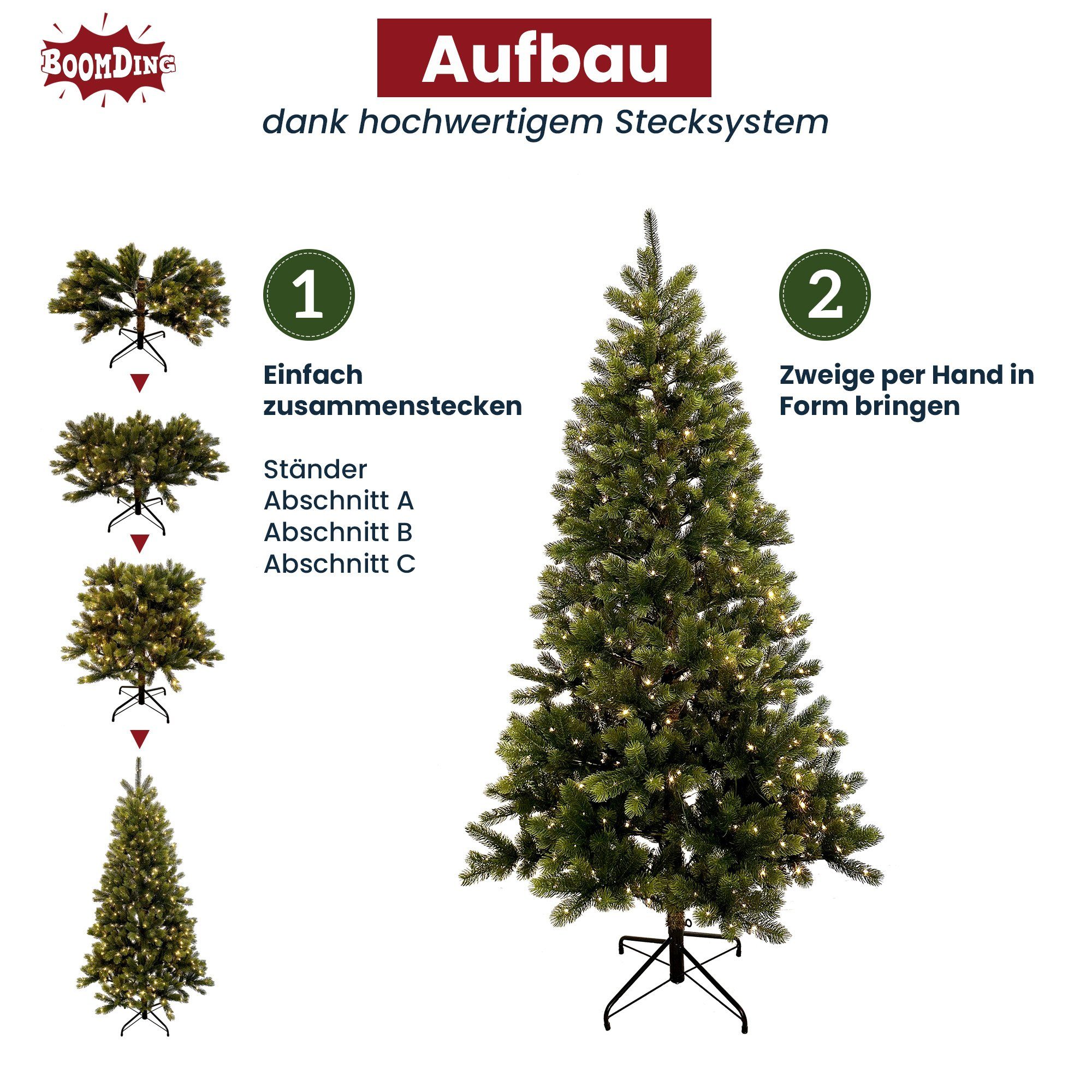 BoomDing Künstlicher Weihnachtsbaum mit Beleuchtung und 100 % Nadeln 