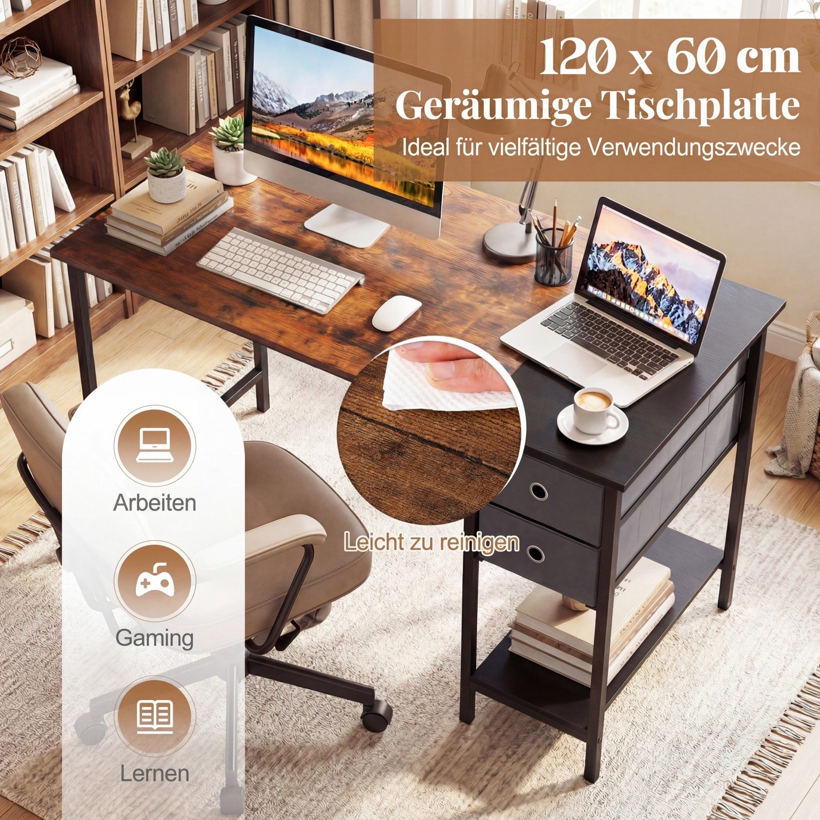 COSTWAY Schreibtisch, mit 2 Schubladen. Ablage Computertisch 120 cm Arbeitstisch