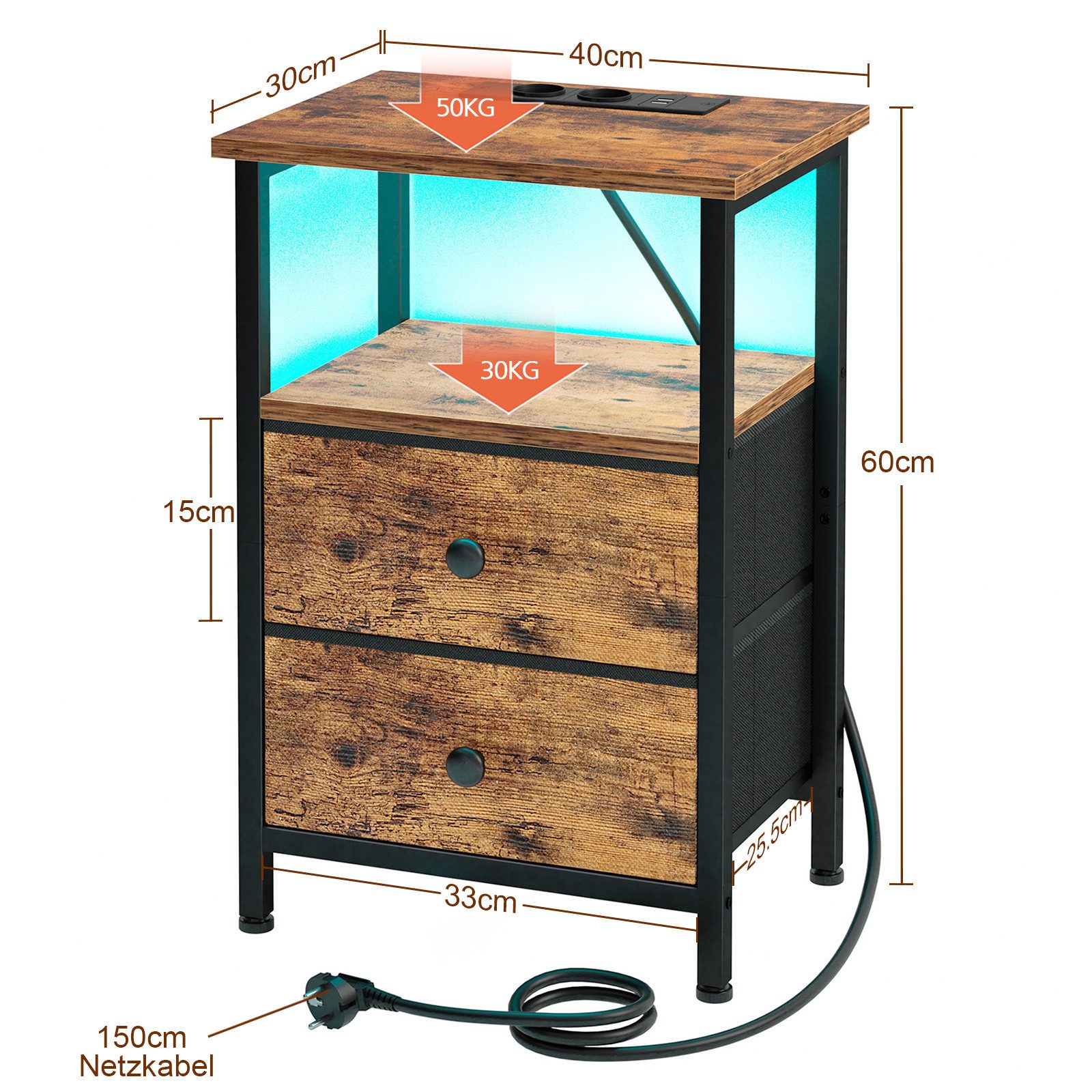 AMHANCIBLE Nachttisch mit LED-Lichtleiste und 2 USB-Anschlüssen, 40 x 30 x 60cm (1-St), Kompakter Beistelltisch mit 2 Schubladen für Schlafzimmer & Wohnzimmer